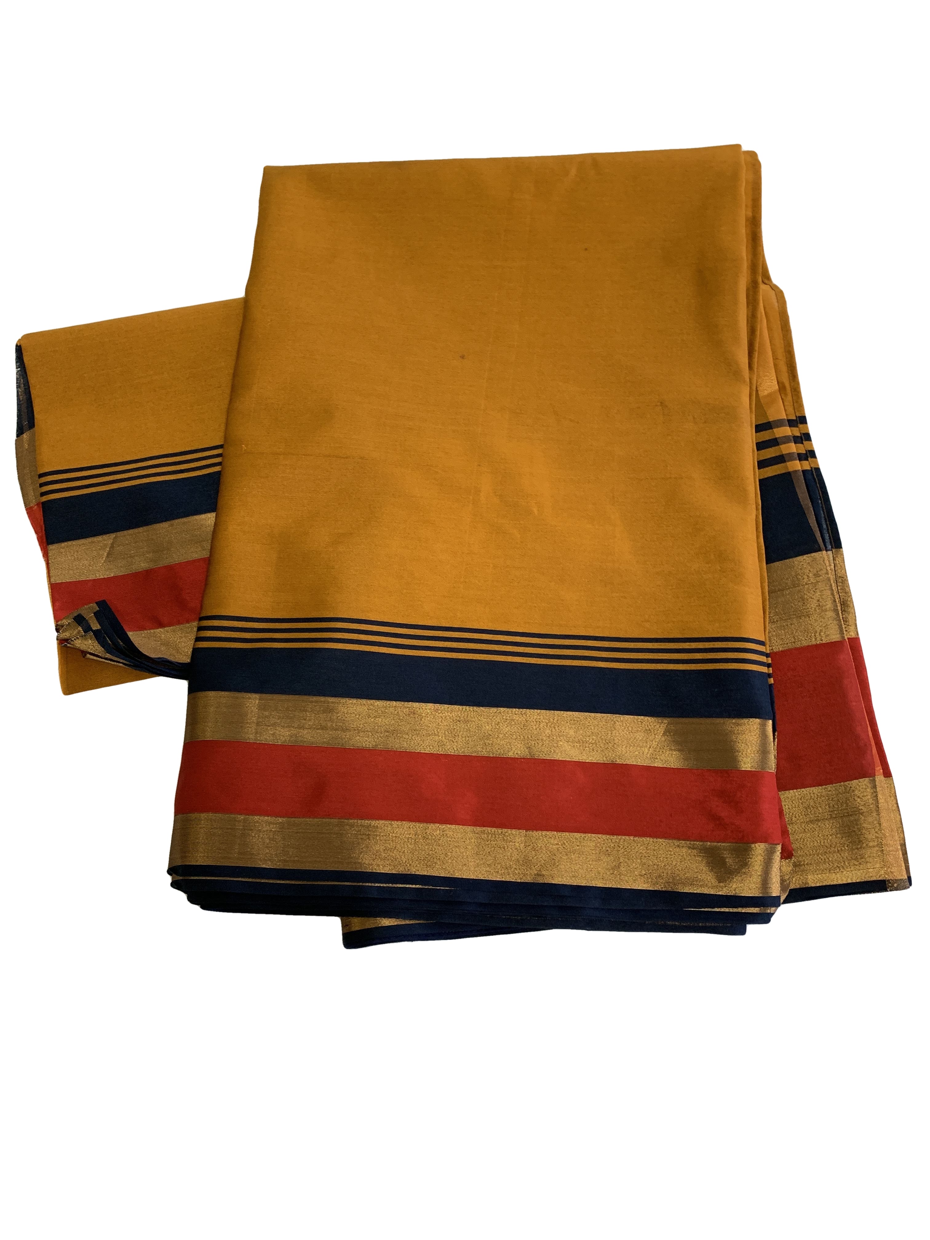 Soft Silk Saree - Dark Yellow Color - Gold, Blue and Red Color Border