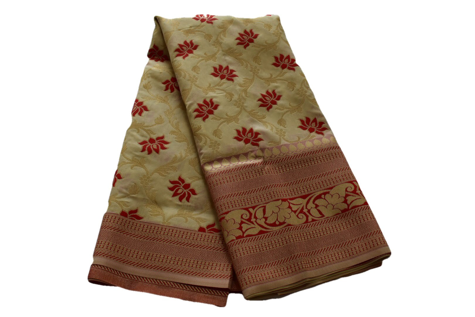 Cream Color - Silk Saree Contrast Border, Pallu - Lotus Pattern- Silk Zari Thread