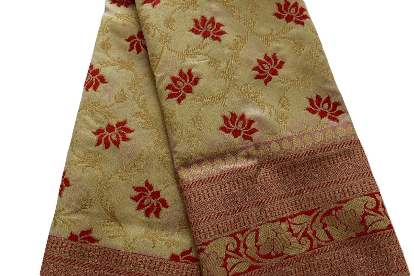 Cream Color - Silk Saree Contrast Border, Pallu - Lotus Pattern- Silk Zari Thread - Kanchipuram Silk