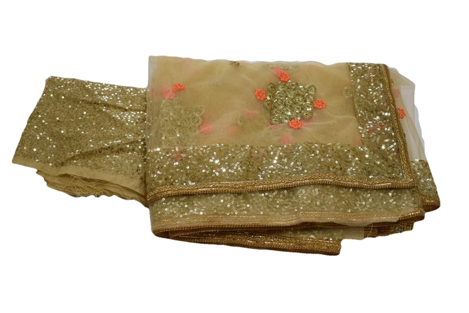 Brown Color - Pure Chiffon Net Embroidered Saree - Shiny Gold Sequin Border And Floral Pattern