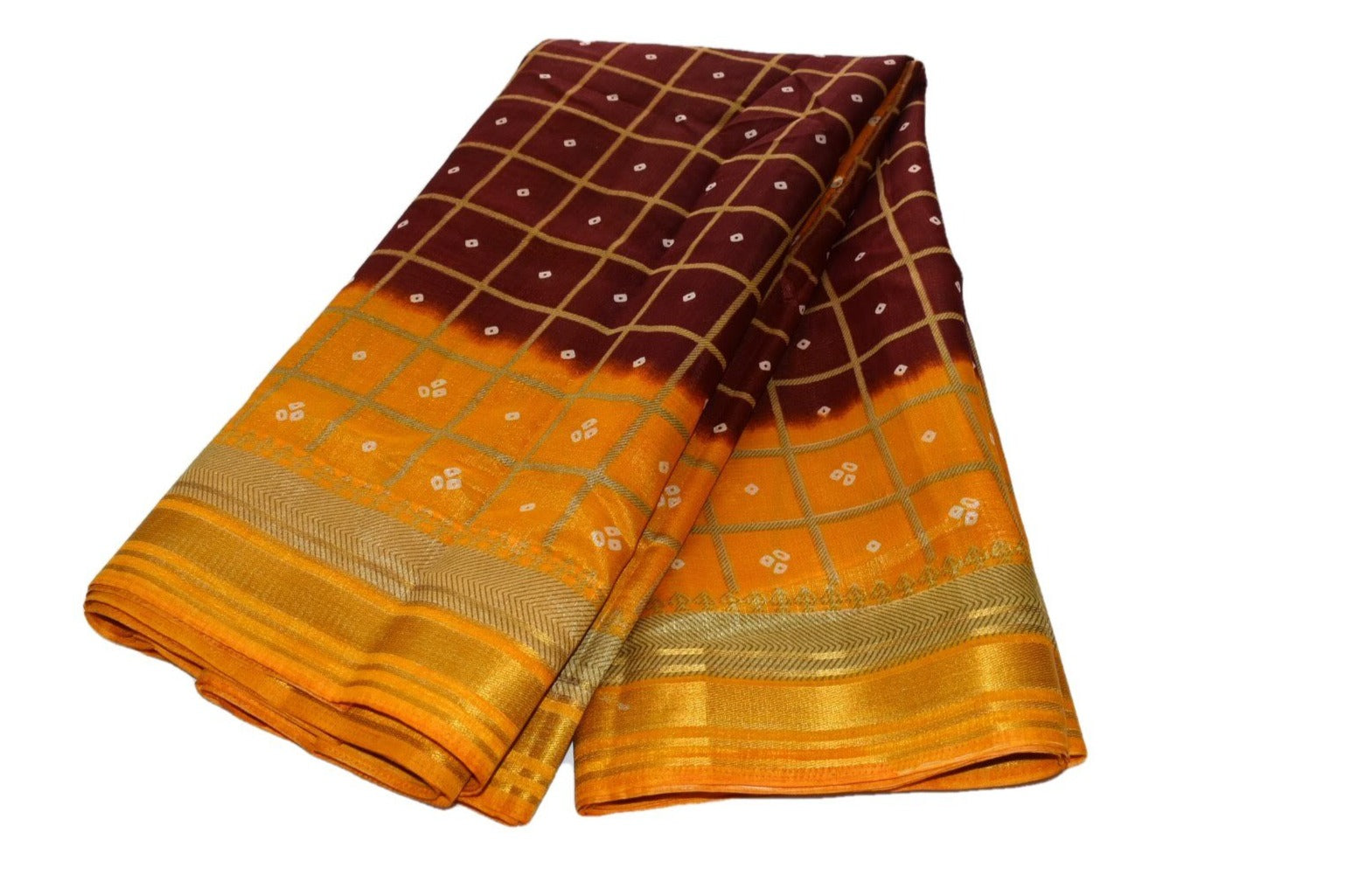 Orange Maroon Color - Silk Chiffon Saree, Gold Silk Zari - Silk Blend