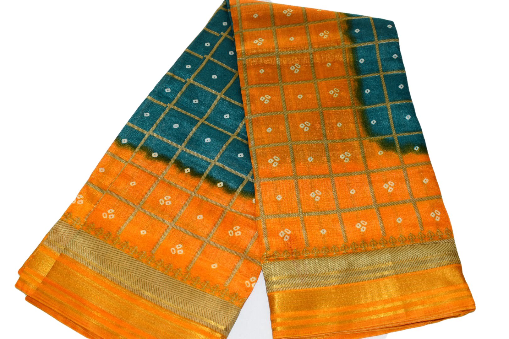 Orange Blue Color - Silk Blend Tussar Silk Saree, Gold Silk Zari - Silk Blend Saree