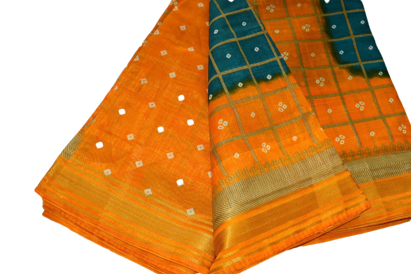 Orange Blue Color - Silk Blend Tussar Silk Saree, Gold Silk Zari - Silk Blend Saree