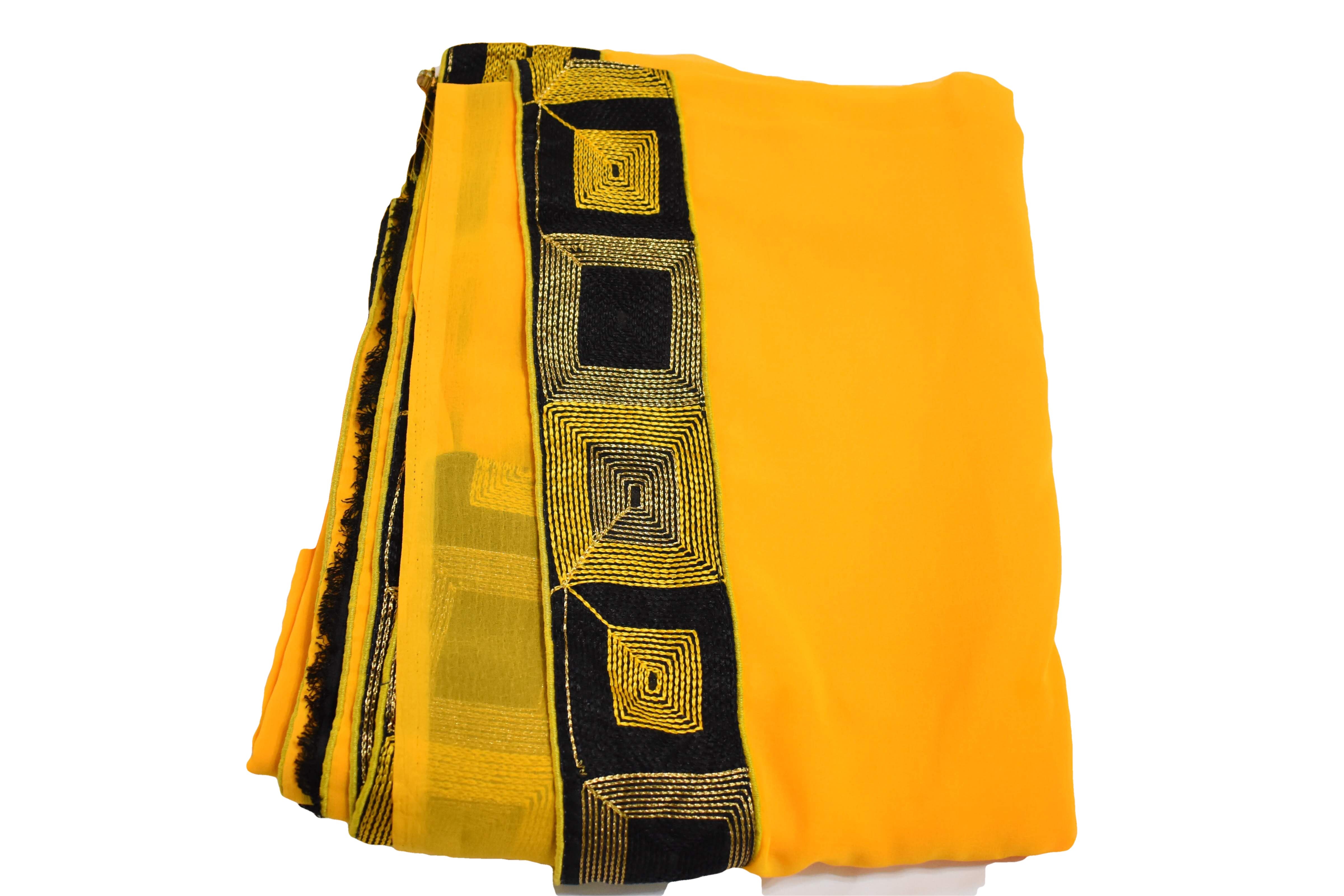 Yellow Color - Marble Chiffon Saree - Silk Thread Embroidery