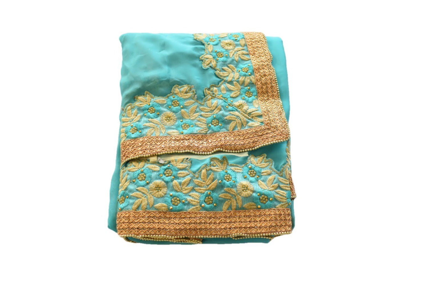 Light Blue Color - Semi Silk Saree - Resham Embroidered - Golden Beads