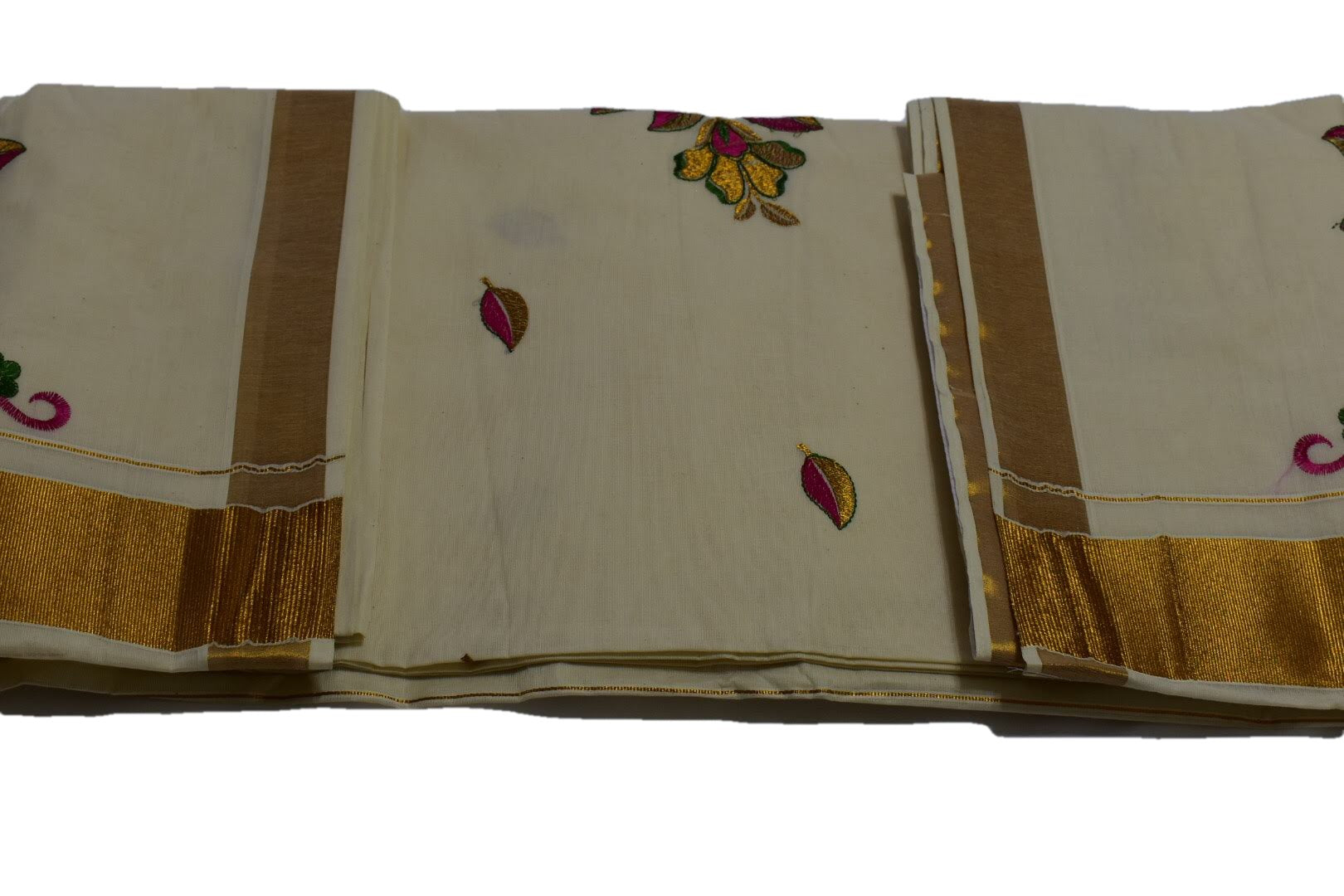 Ivory White Color - Kasavu Cotton Saree - Pure Silk Thread Embroidered - Flower Embroidery