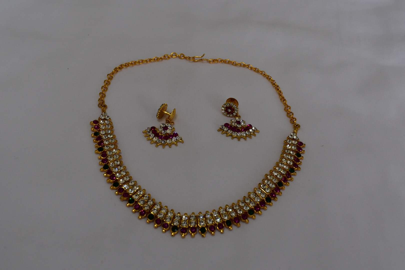 Gold Plated Jewel Stone Studded - Temple Jewelry - Short Necklace Set