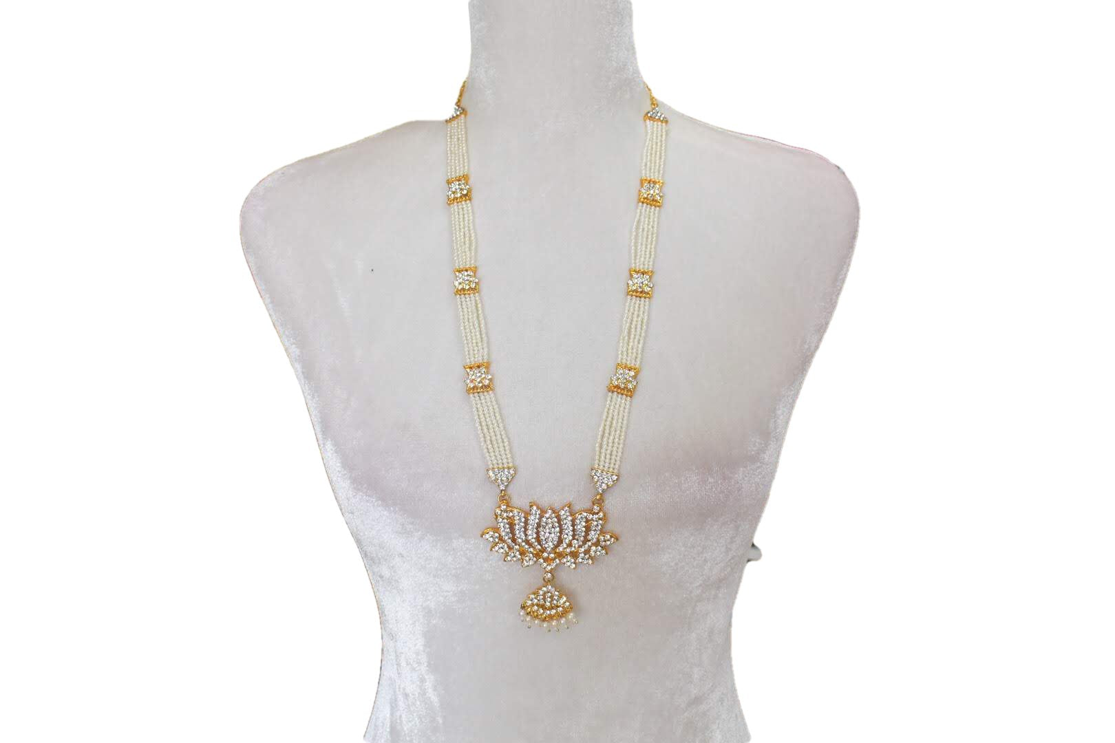 Gold Plated Long Necklace - Pearl Beads - Jewel Stone Studded Lotus Pendant