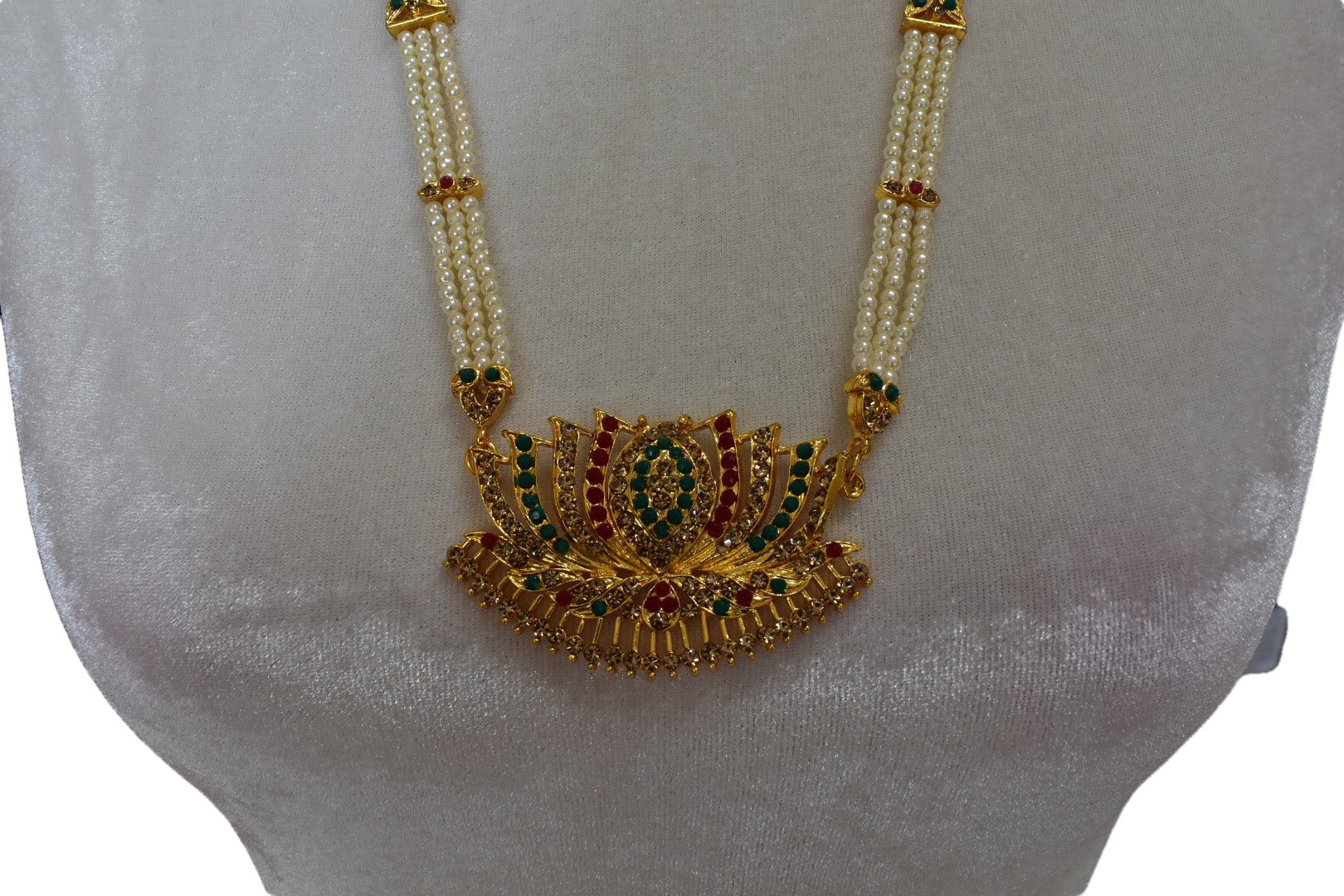 Gold Plated Long Necklace - Pearl Beads - Jewel Stone Studded Lotus Pendant