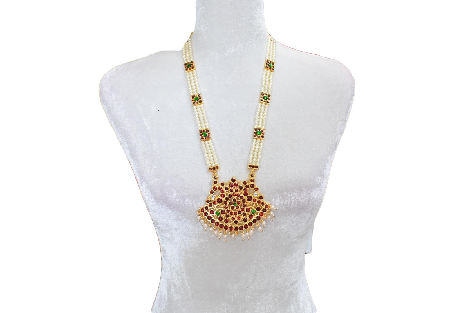 Gold Plated Long Necklace Set - Pearl Beads - Kemp Studded Pendant