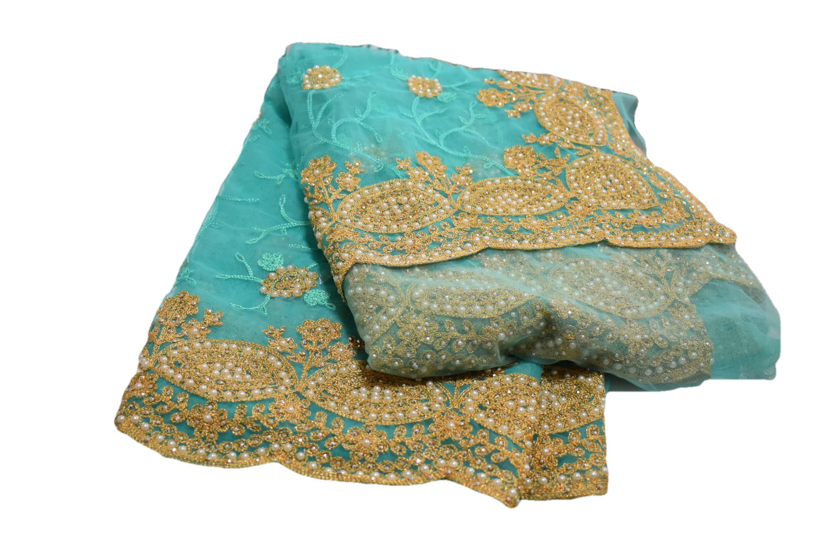 Wedding wear Saree Blue Color - Pure Chiffon Net Saree- Resham Thread Embroidery - Faux Pearl And Stone Work