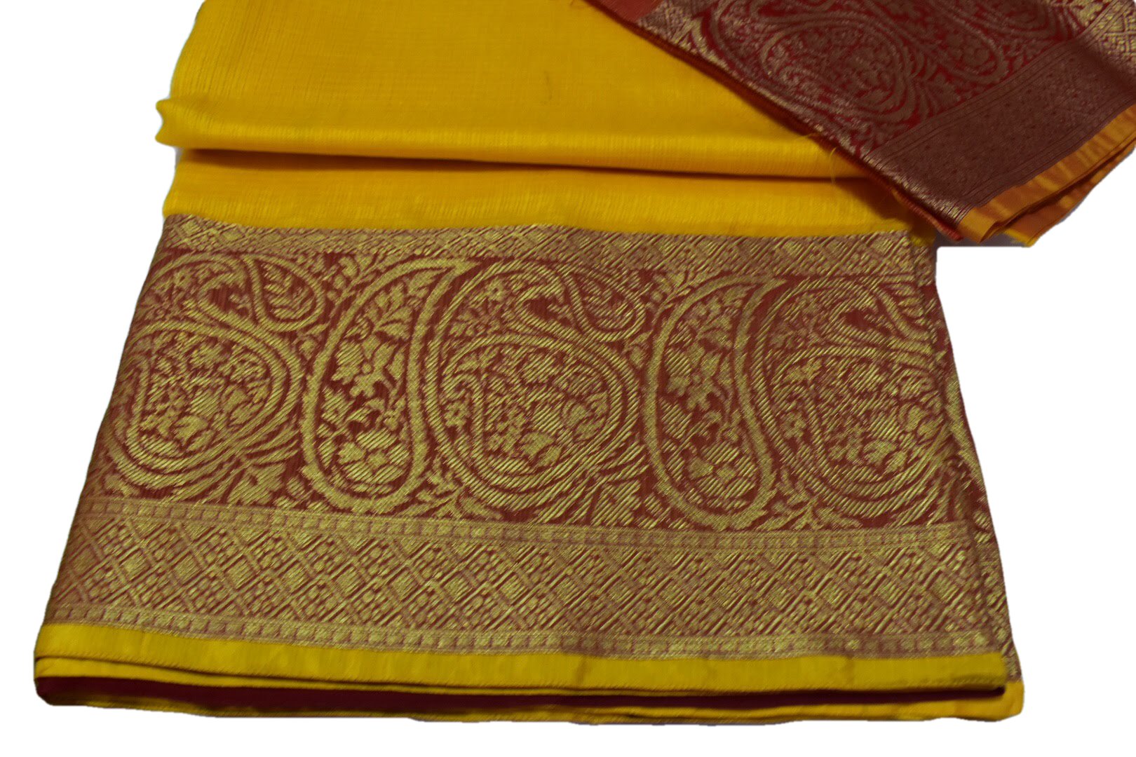 Yellow Color - Silk Cotton Blend Handloom Saree - Thick Wide Border - Gold Zari Pattern