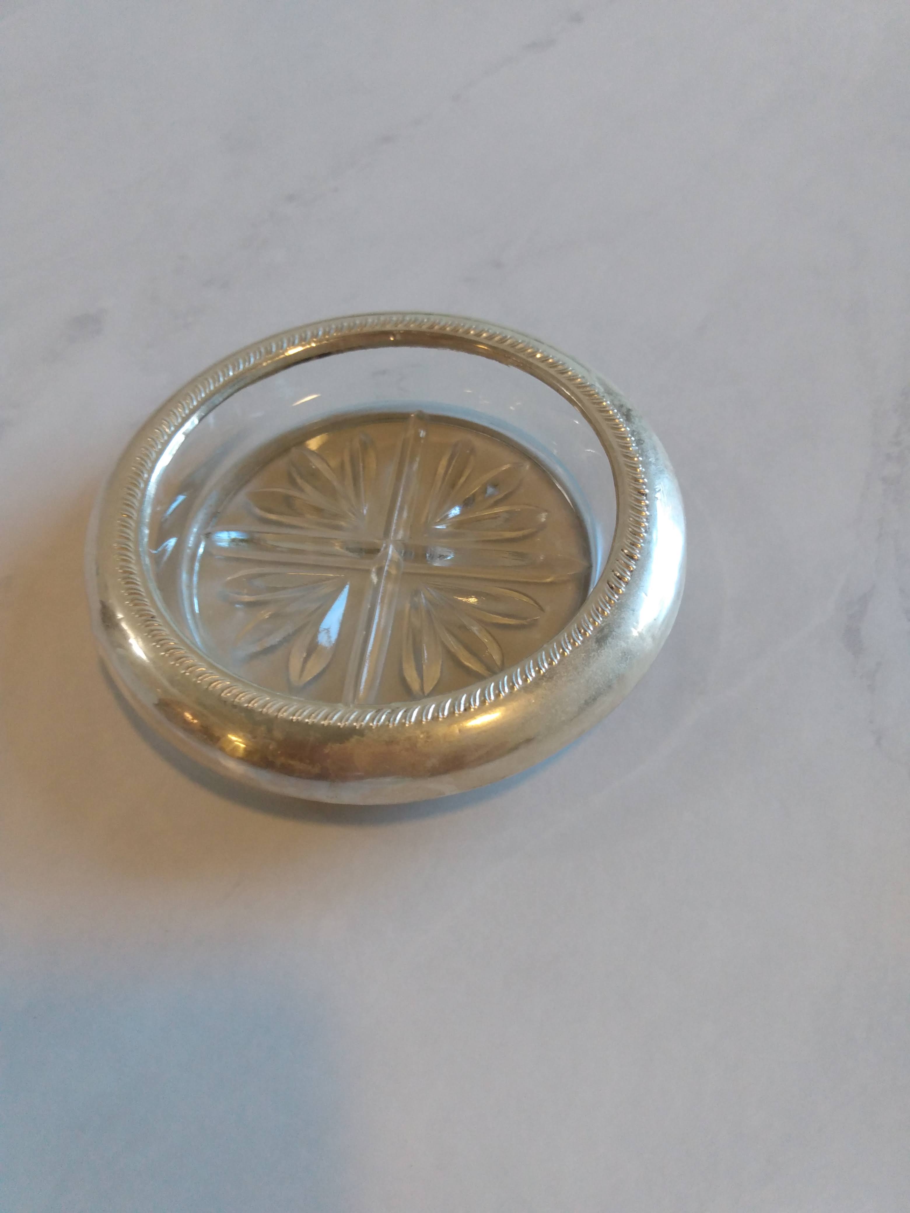 Crystal Glass - Mid Century Coaster - Silver Plated Rim - Table Home Décor