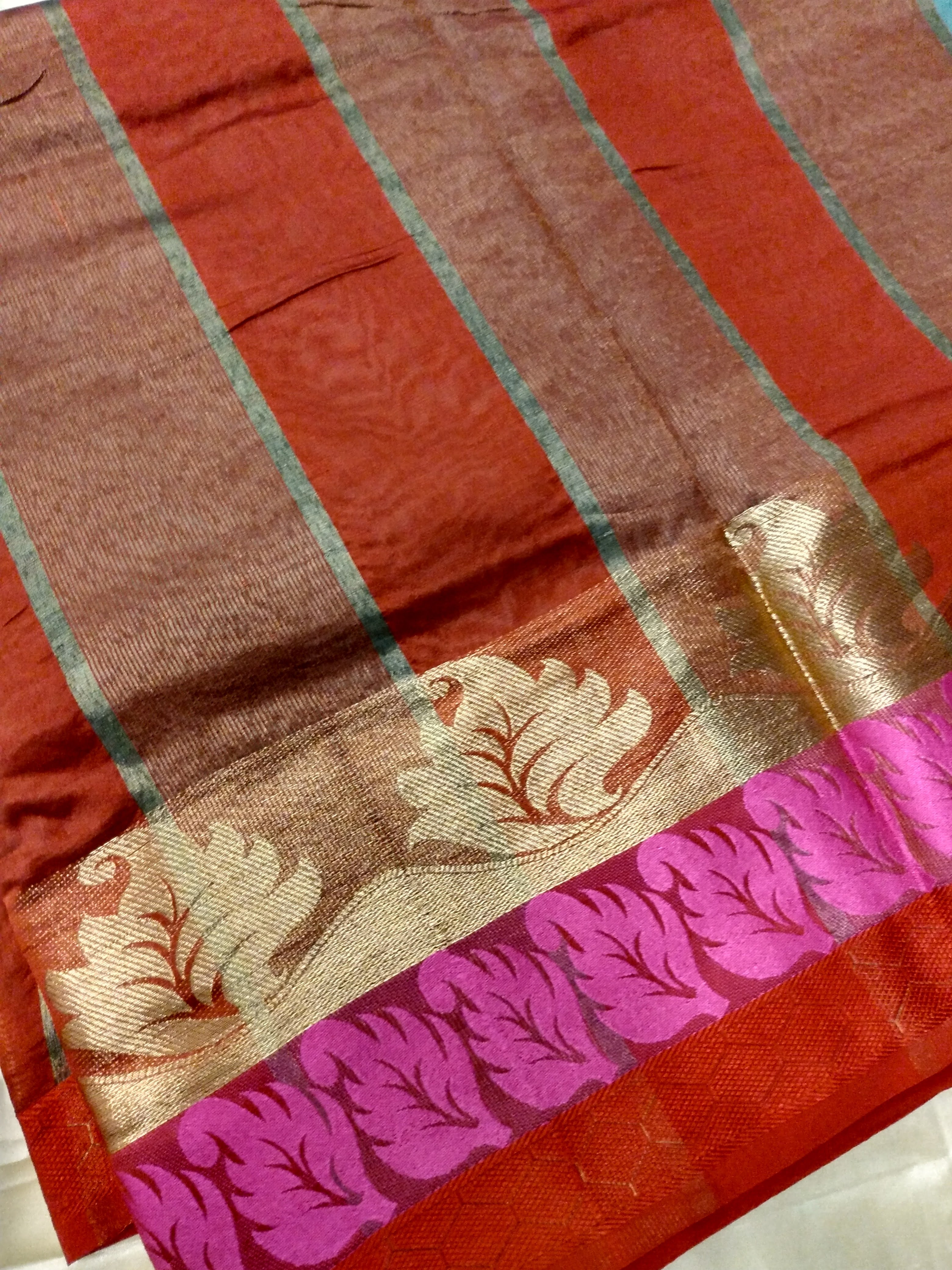 Green Color - Cotton Silk Saree - Silk Zari Leaf Pattern - - Stitched Saree Blouse - Size 30 /32
