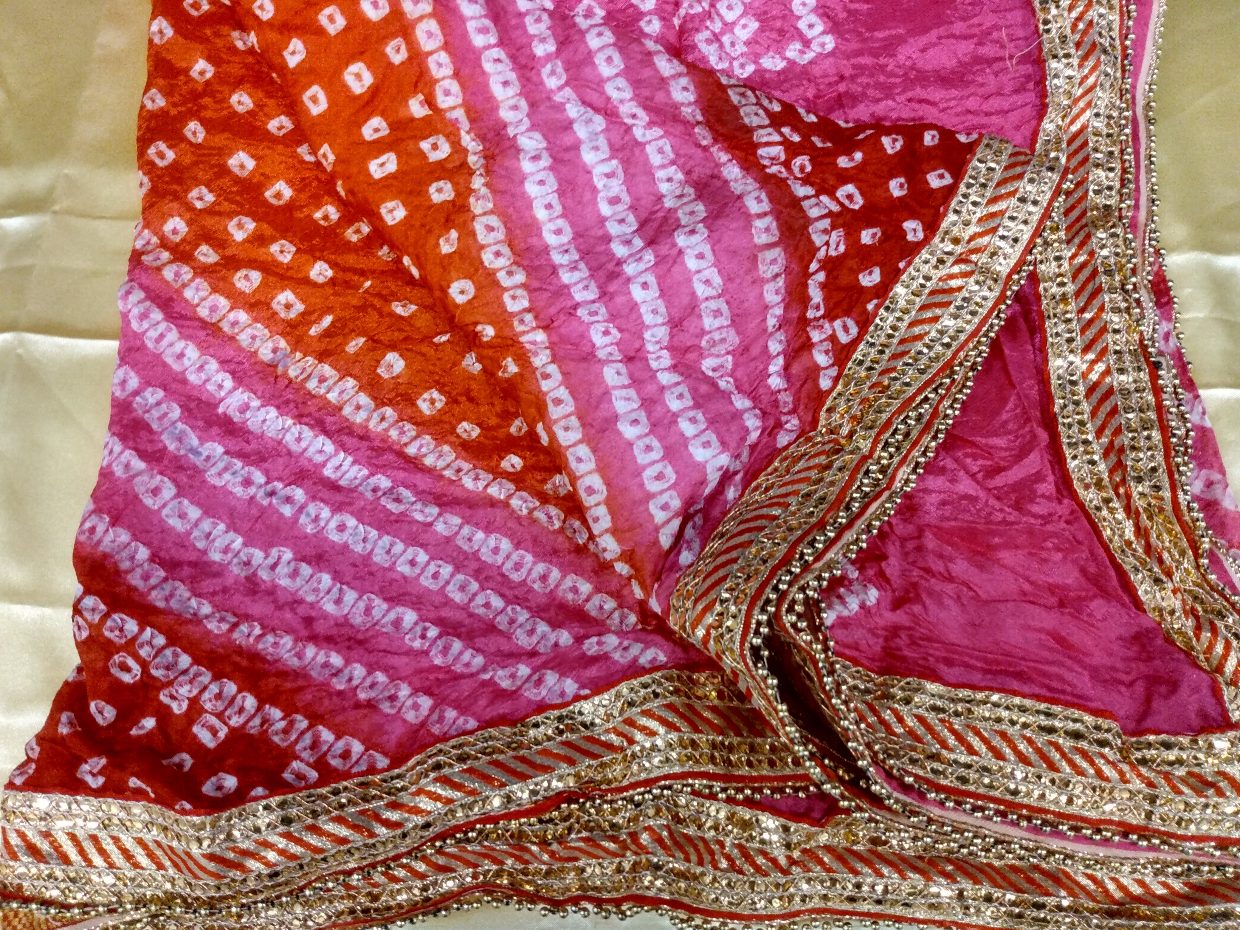 Pink Red Color - Silk Blend Bhandhani Duppatta Scarf - Gotta Patti