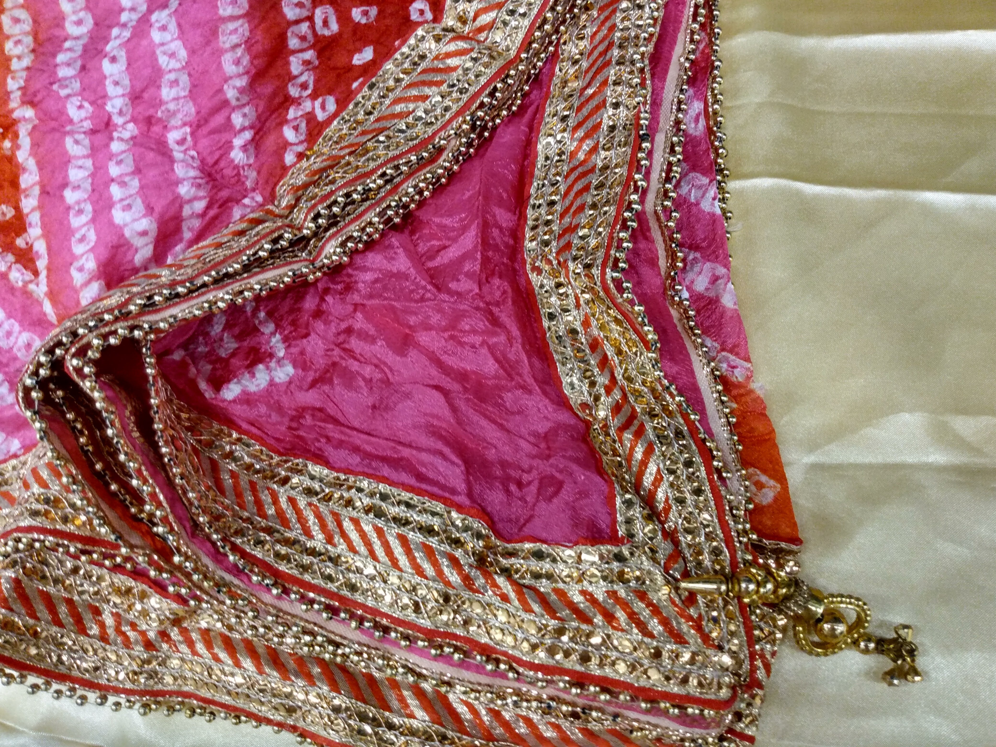 Pink Red Color - Silk Blend Bhandhani Duppatta Scarf - Gotta Patti