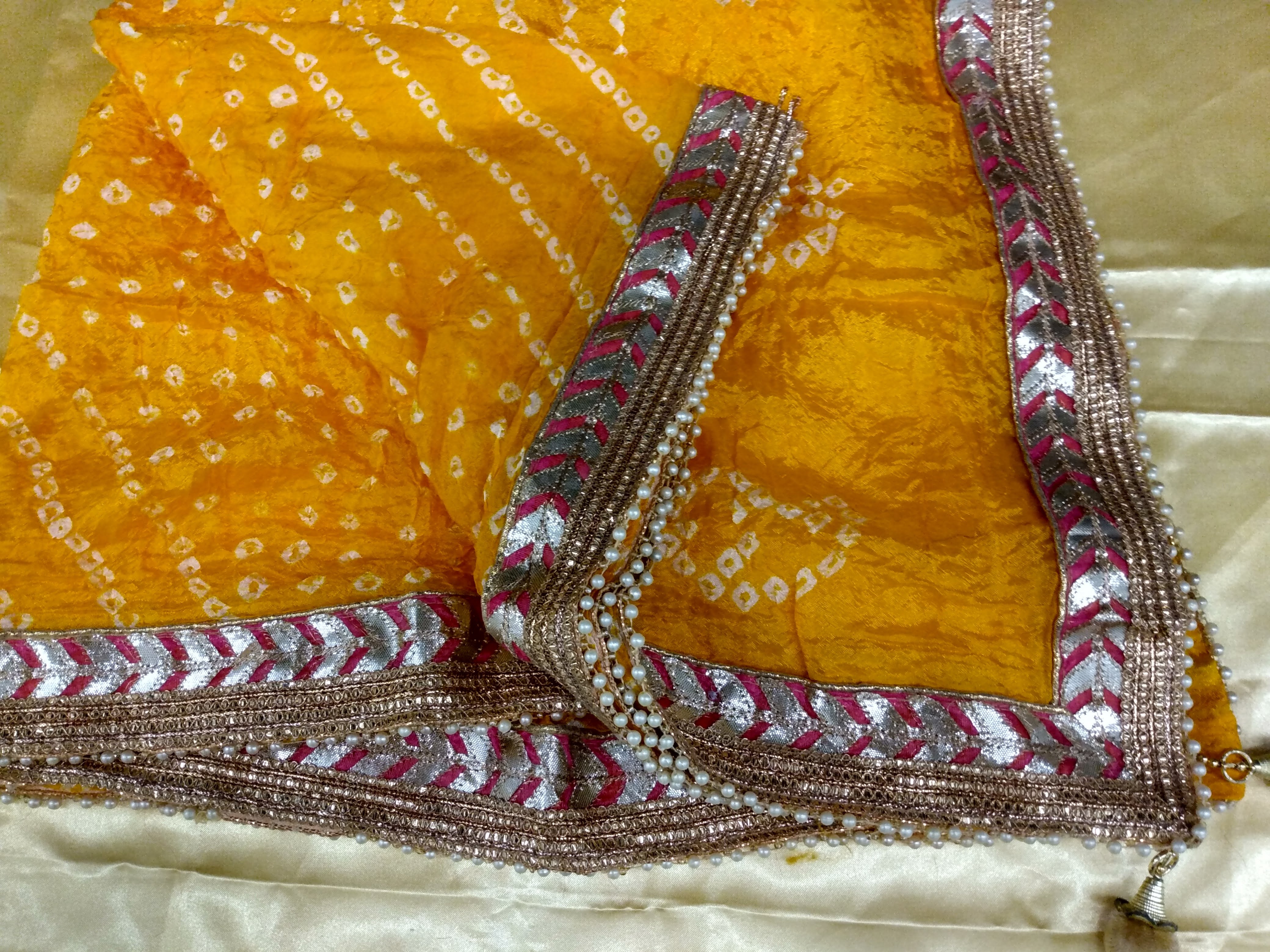 Yellow Color - Gotta Patti Work - Silk Blend Bhandhani Duppatta Scarf- Gold Lace