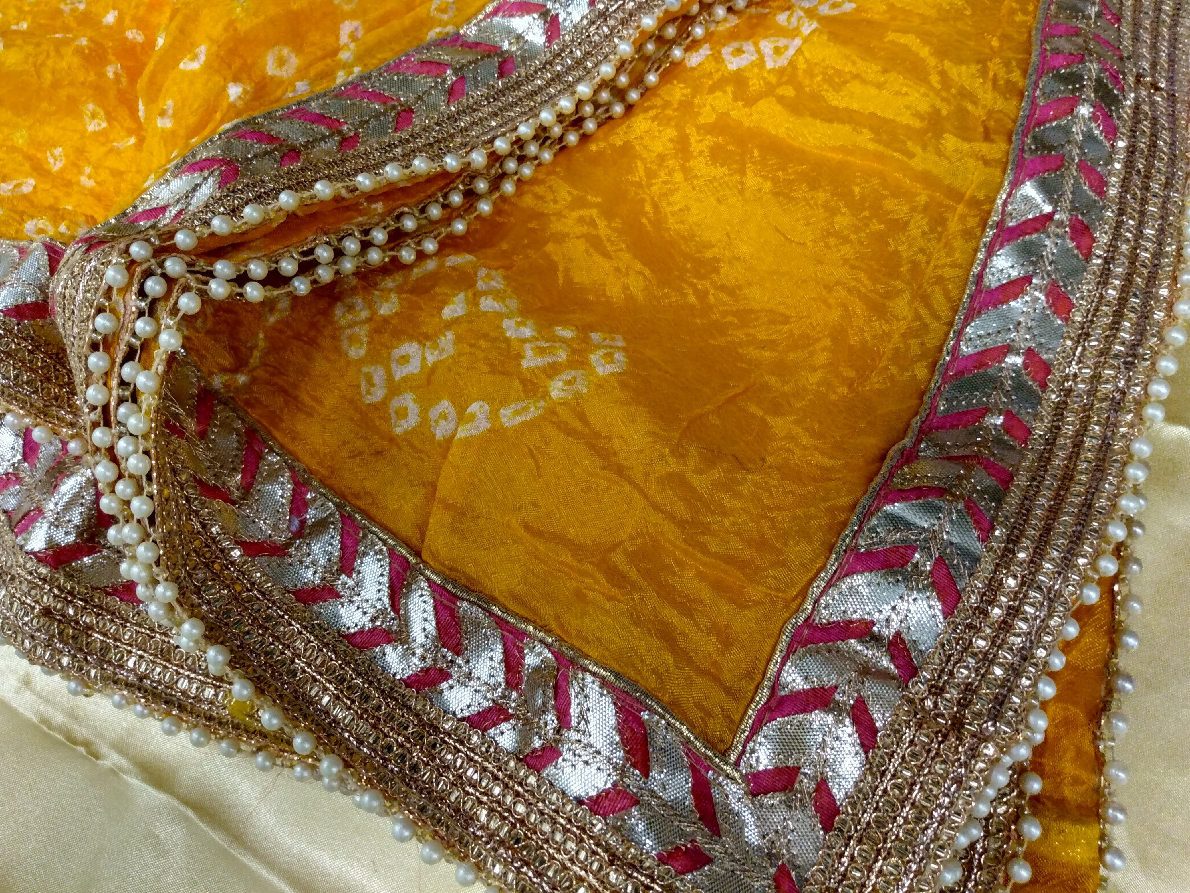Yellow Color - Gotta Patti Work - Silk Blend Bhandhani Duppatta Scarf- Gold Lace
