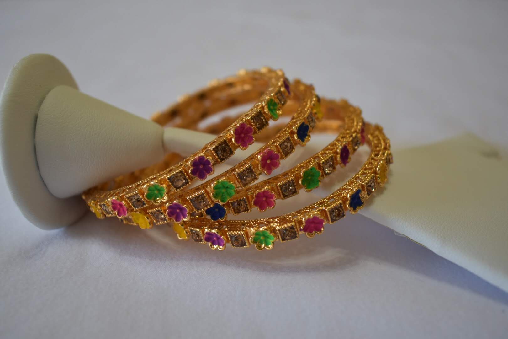 Bangle with Gold and Colored Enamel Paint Floral Design- Girls Kids