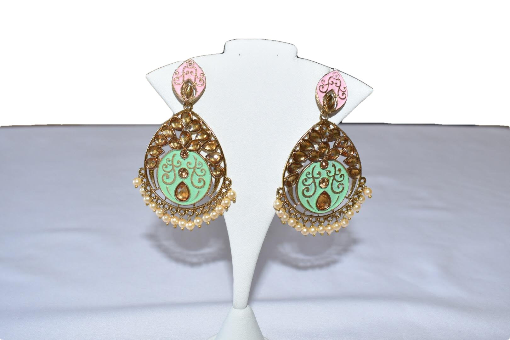 Minakari Kundan Earrings- Gold Mint Pink Color -  Pearl Beads -