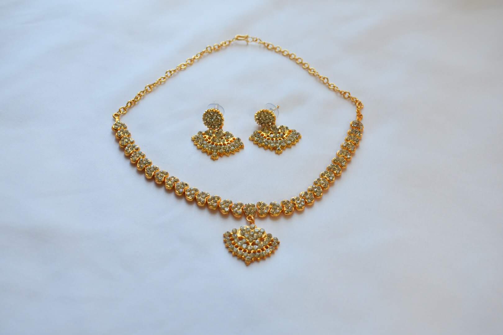 Gold Plated - Temple Jewelry - Short Necklace Set with Jewel stones