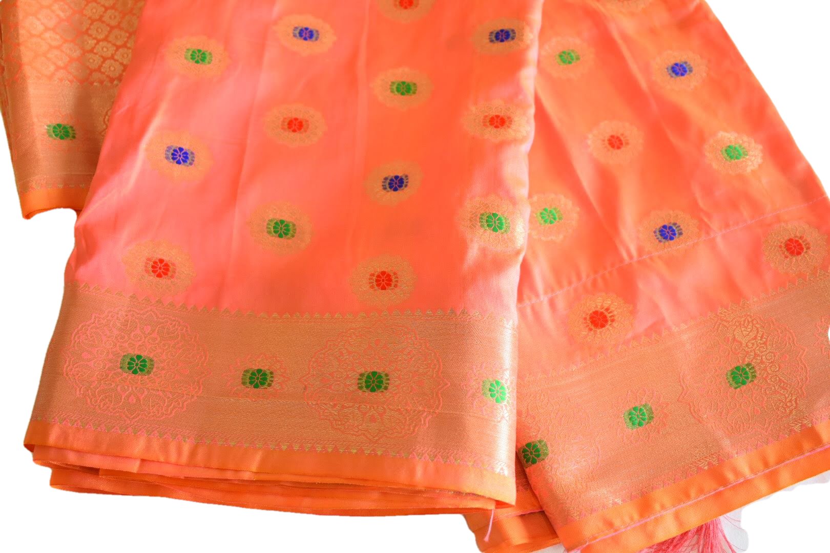 Pink Peach Color - Silk Saree- Satin Weave -  Gold Zari Silk Thread Pattern