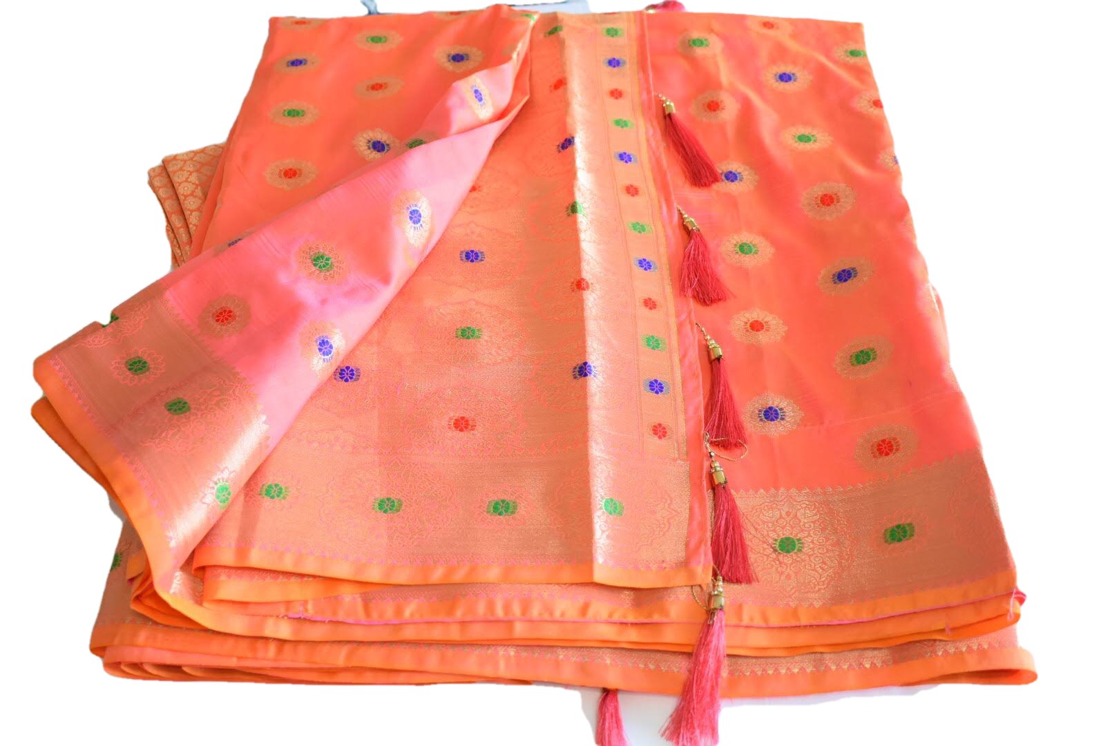 Pink Peach Color - Banaras Silk Saree- Satin Weave -  Gold Zari Silk Thread Pattern