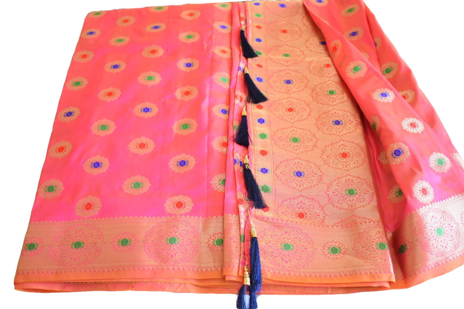 Pink III Color - Silk Banaras Saree - Satin Weave - Gold Zari Floral Design