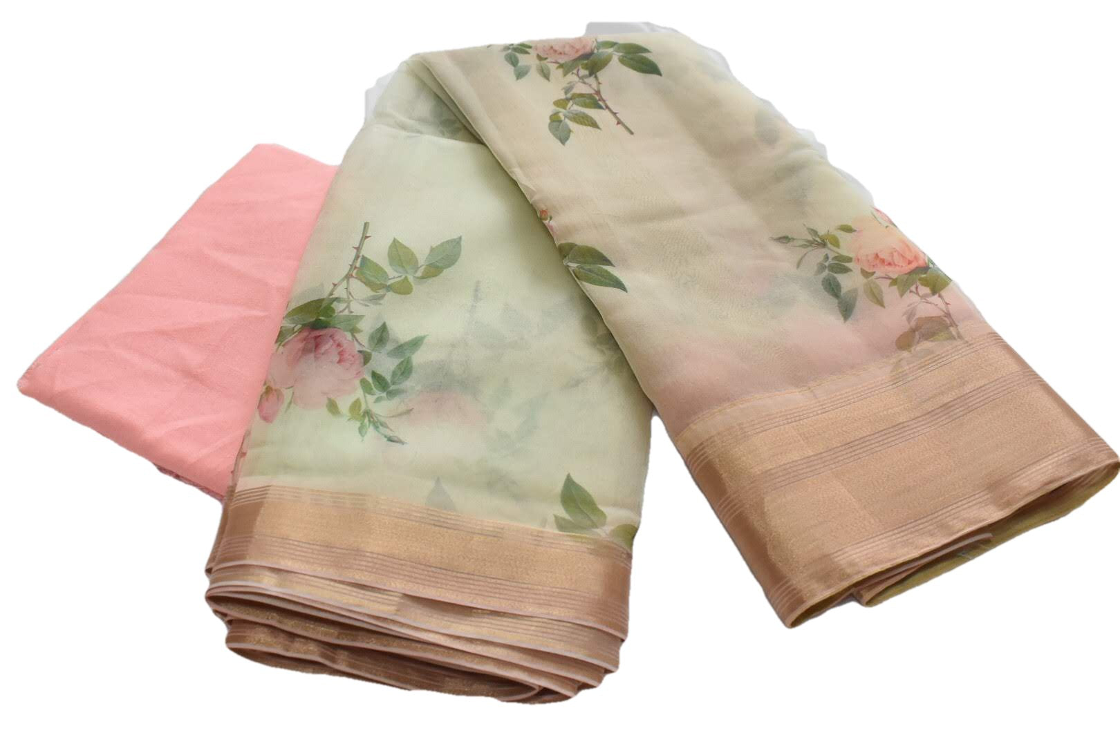 Pastel Green II -Organza Georgette Silk Saree - Floral  Pattern - Silk Zari Border And Pallu