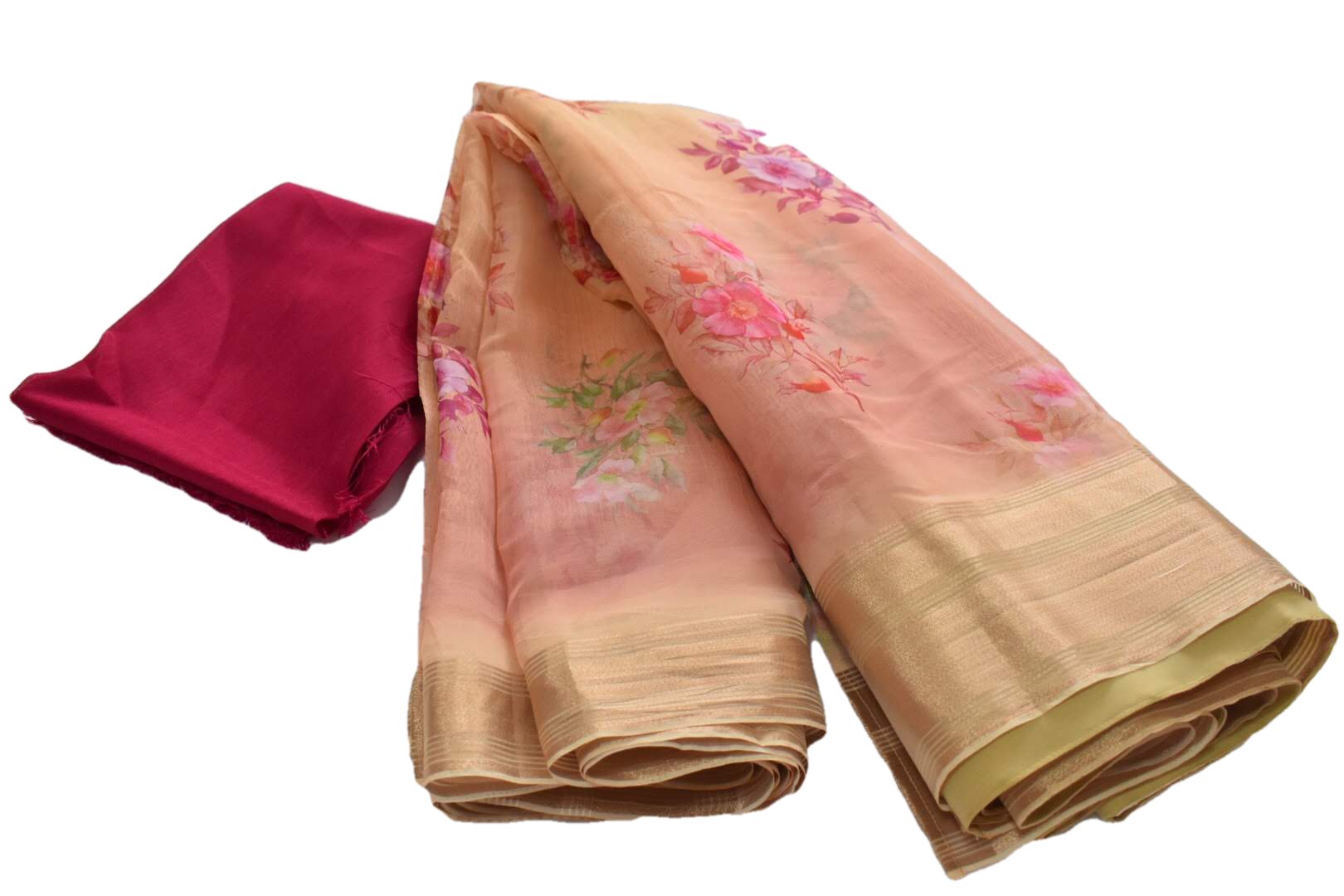 Pastel Peach II -Organza Georgette Silk Saree -  Floral  Pattern - Silk Zari Border And Pallu