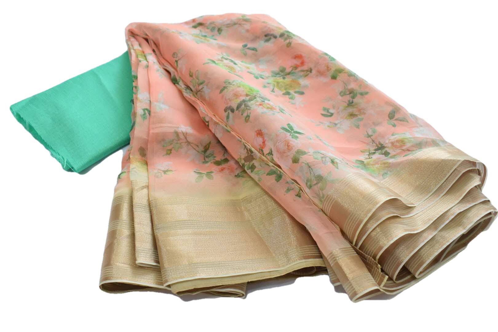 Pastel Peach I - Organza Georgette Silk Saree -  Floral  Pattern - Silk Zari Border And Pallu