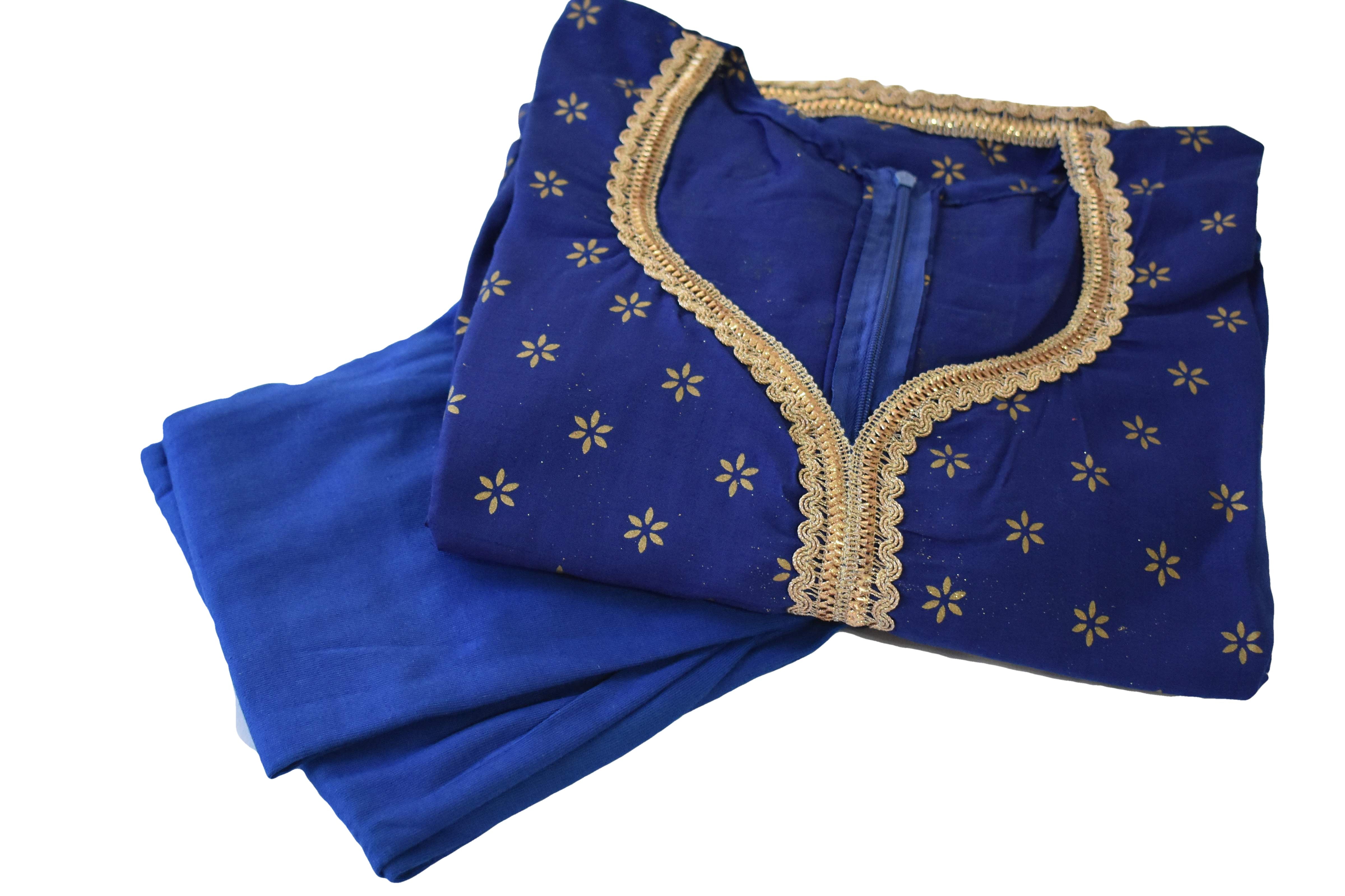 Royal Blue Color - Gold Block Emboss Print - Gold Zari Lace - Cotton Anarkali Kurti Kameez Set
