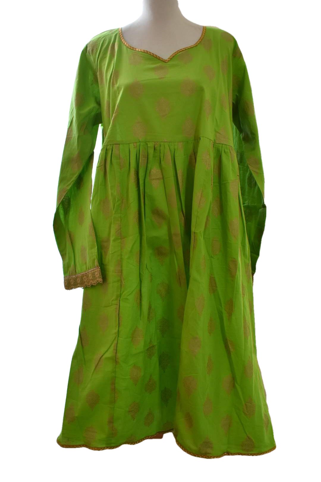 Leaf Green Color - Gold Block Emboss Print - Gold Zari Lace - Cotton Anarkali Kurti Kameez Set