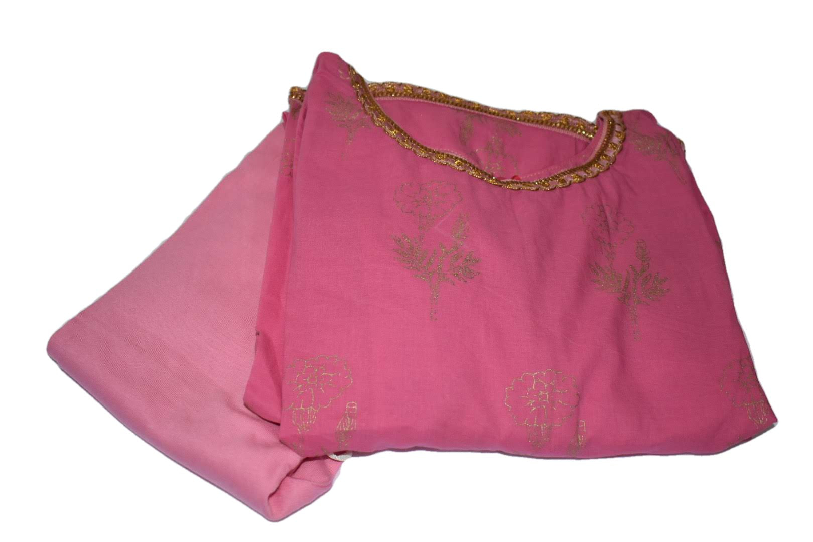 Pink Color - Gold Block Emboss Print - Gold Zari Lace - Cotton Anarkali Kurti Kameez Set