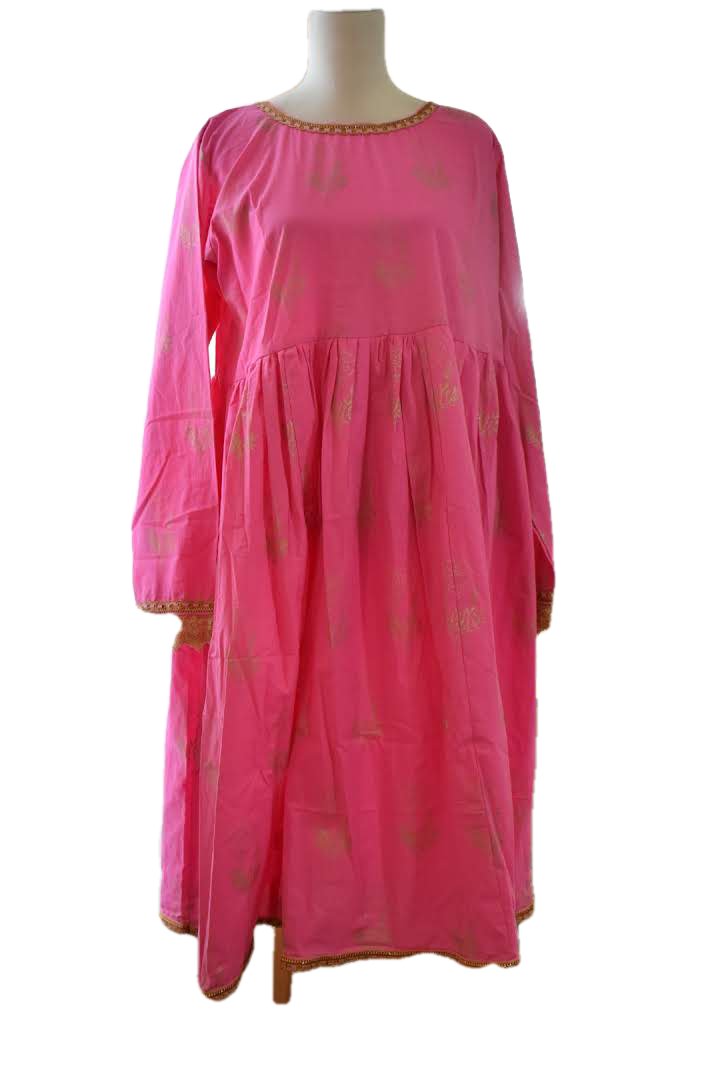 Pink Color - Gold Block Emboss Print - Gold Zari Lace - Cotton Anarkali Kurti Kameez Set