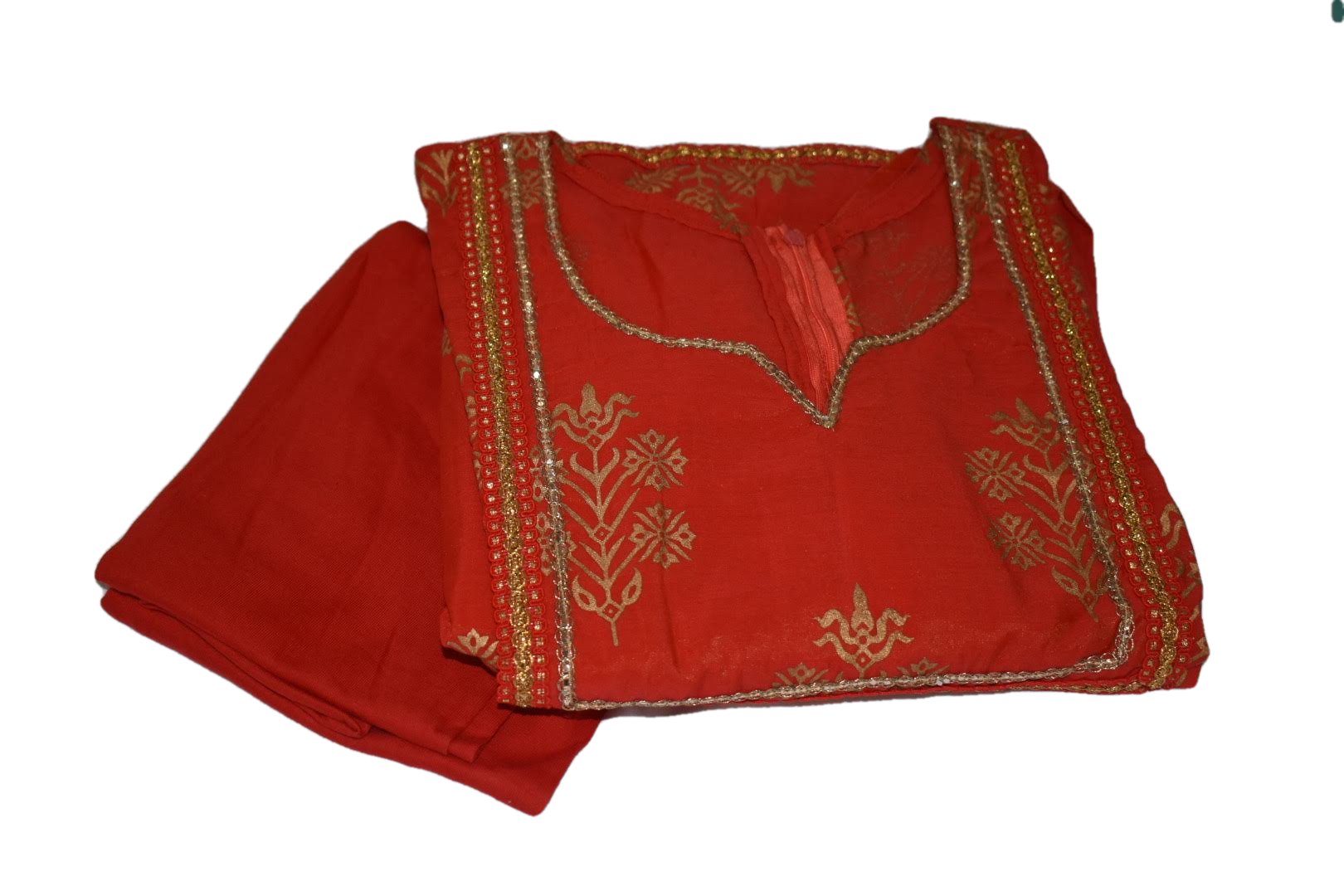 Red Color - Gold Block Emboss Print - Gold Zari Lace - Cotton Anarkali Kurti Kameez Set