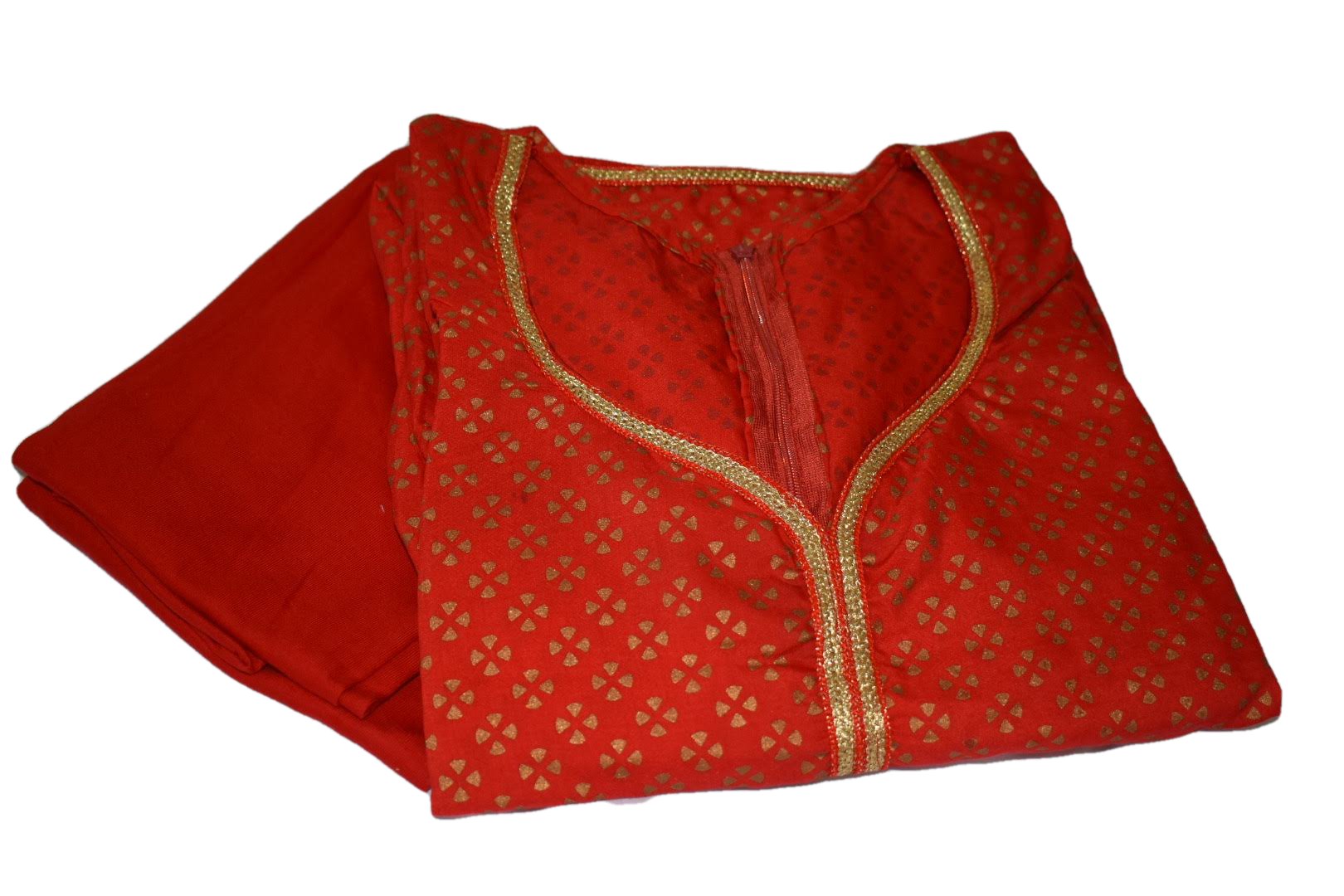 Red Color - Gold Block Emboss Print - Gold Zari Lace - Cotton Anarkali Kurti Kameez Set