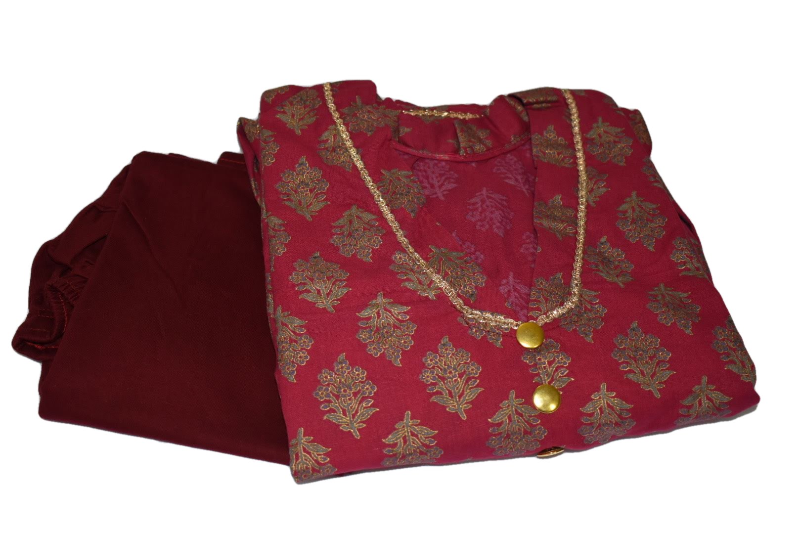 Maroon Red Color - Gold Block Emboss Print - Gold Zari Lace - Cotton Anarkali Kurti Kameez Set
