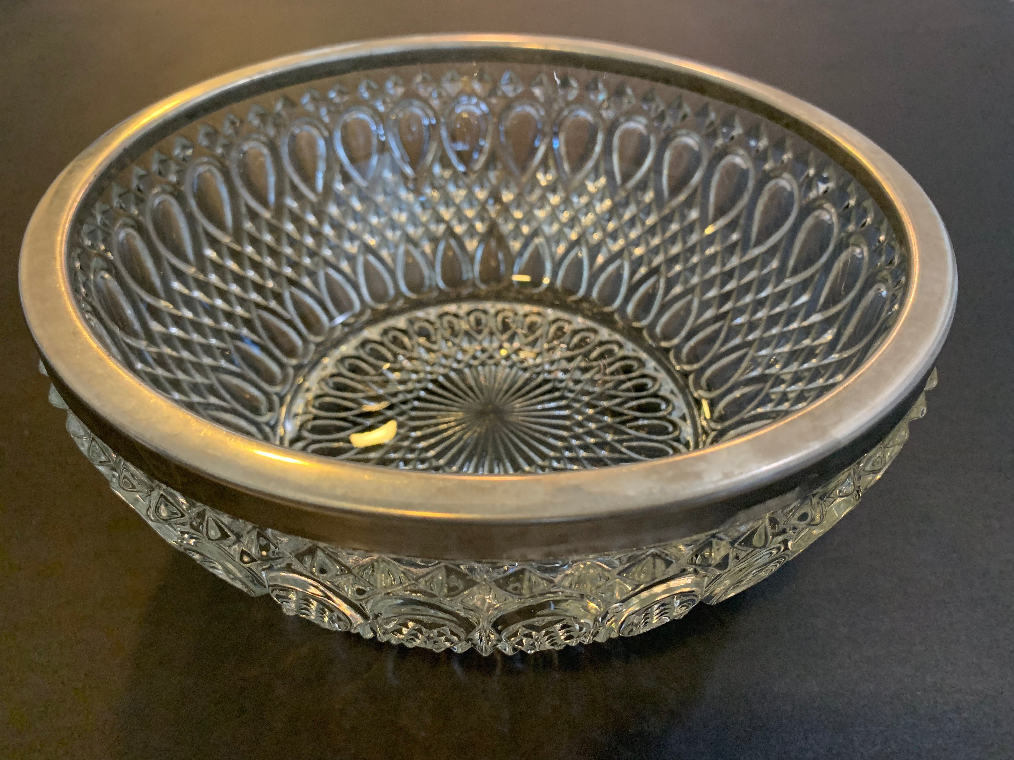 Silver Plated Rim - Mid Century Crystal Glass Bowl - Home Décor