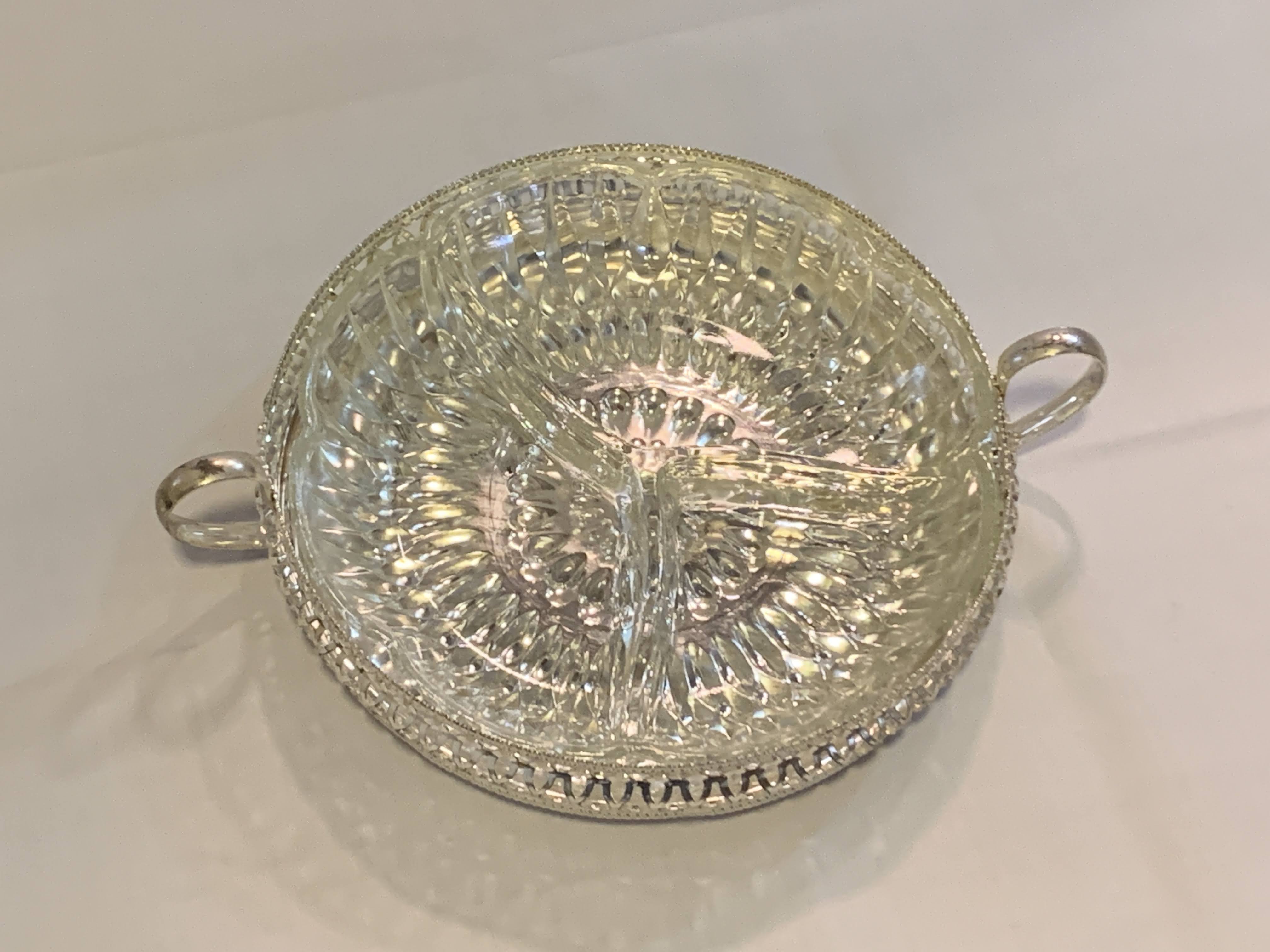 Crystal Glass Sectional Dry fruits Platter With Silver Plated Holder - Tray 17