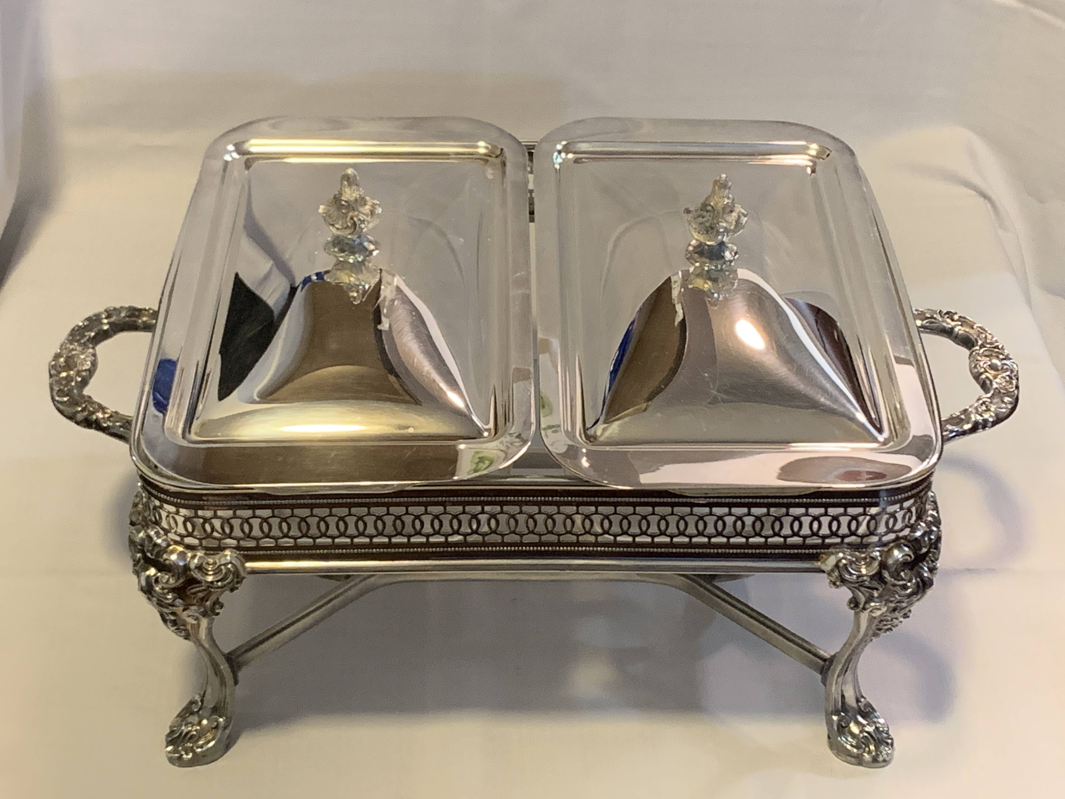 Silver Plated Mid Century - Serving Dish and Lids - With Glass Casseroles