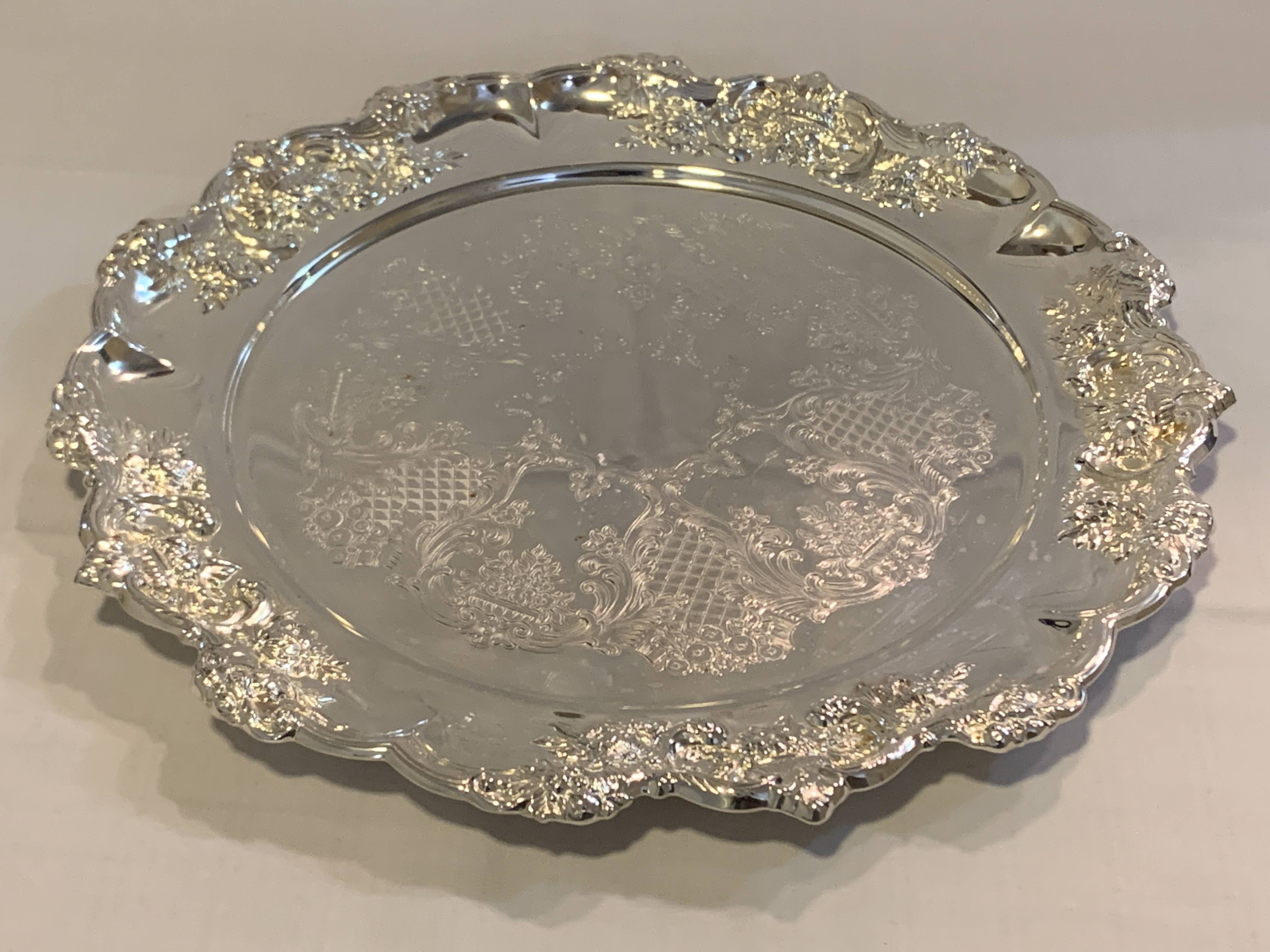 Silver Plated Mid Century Bread Platter - Ornate Rim - Engraved Ornate Pattern