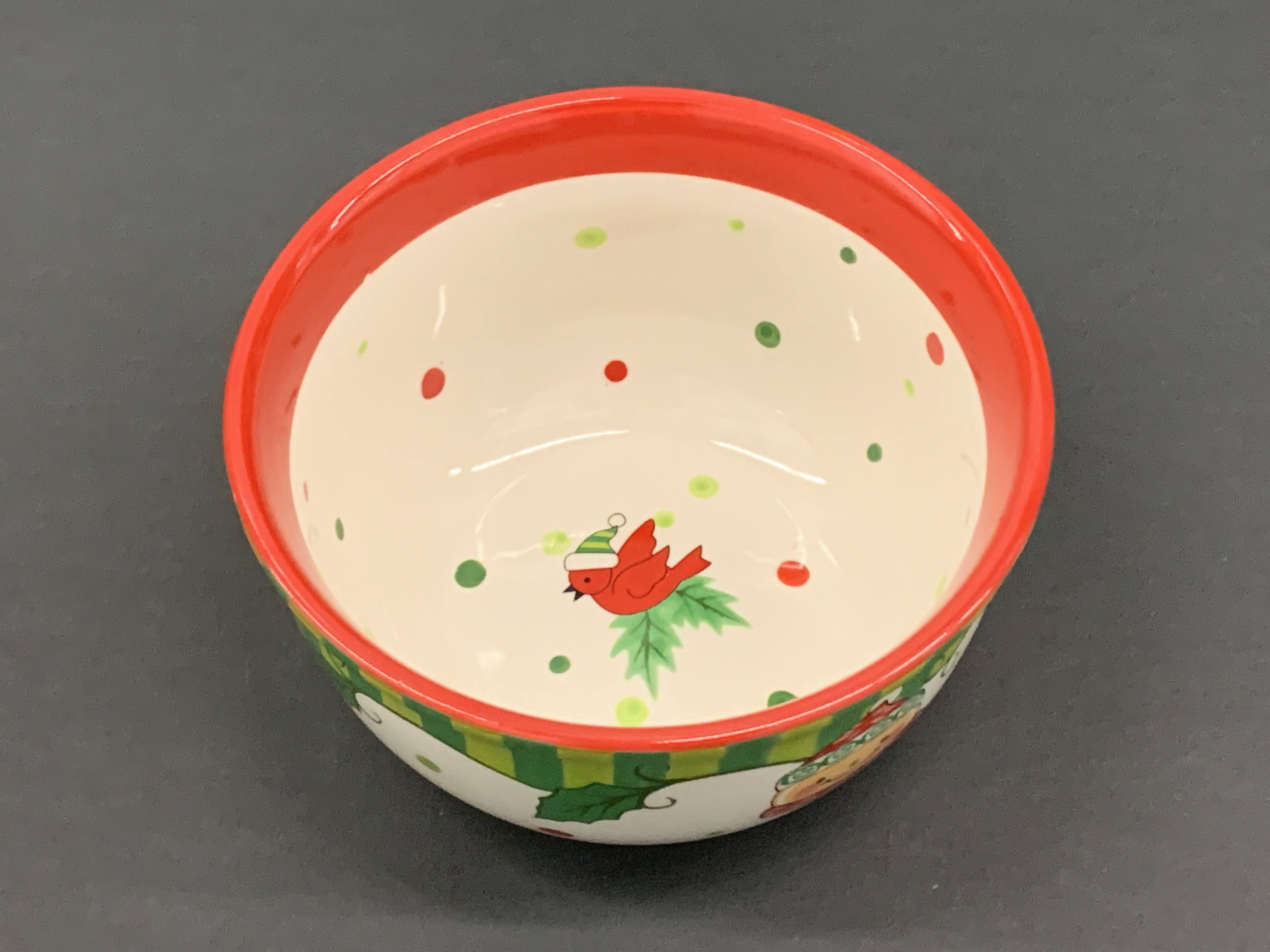 Holiday Snowman Pattern - Ceramic Porcelain Cookie Bowl With Plastic Lid - 6"