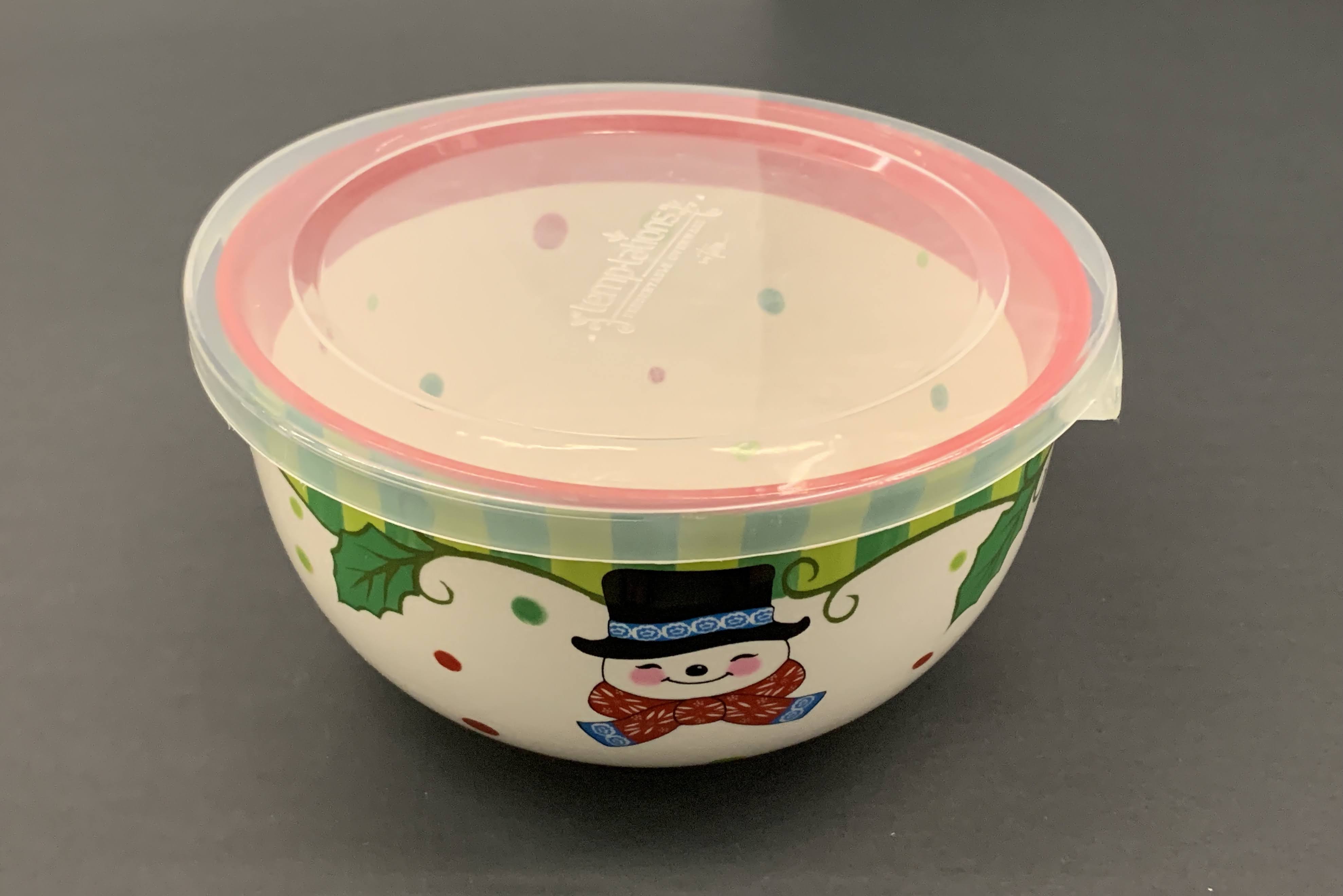 Holiday Swonman Pattern - Ceramic Porcelain Cookie Bowl With Plastic Lid - 7"