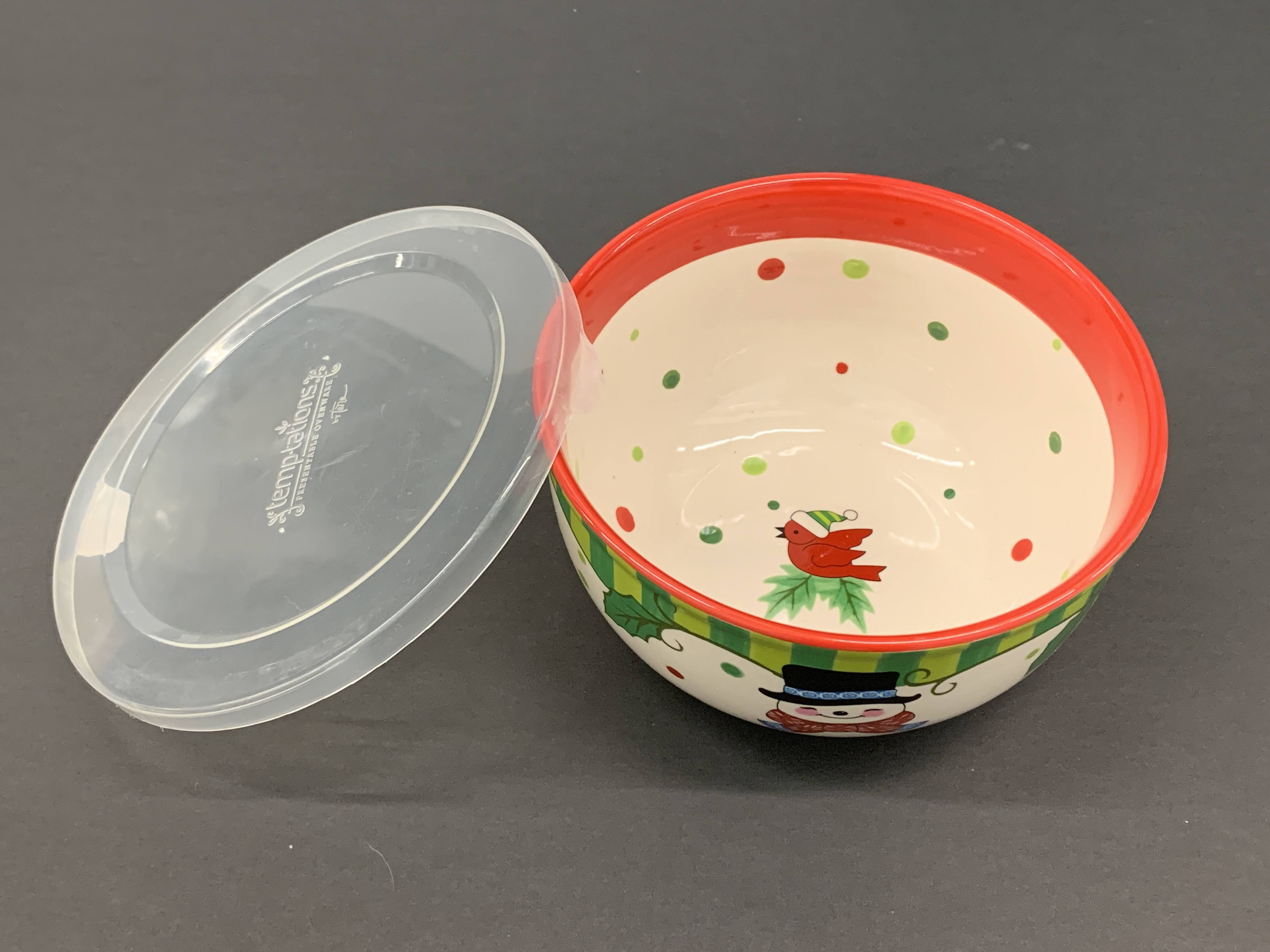Holiday Swonman Pattern - Ceramic Porcelain Cookie Bowl With Plastic Lid - 7"