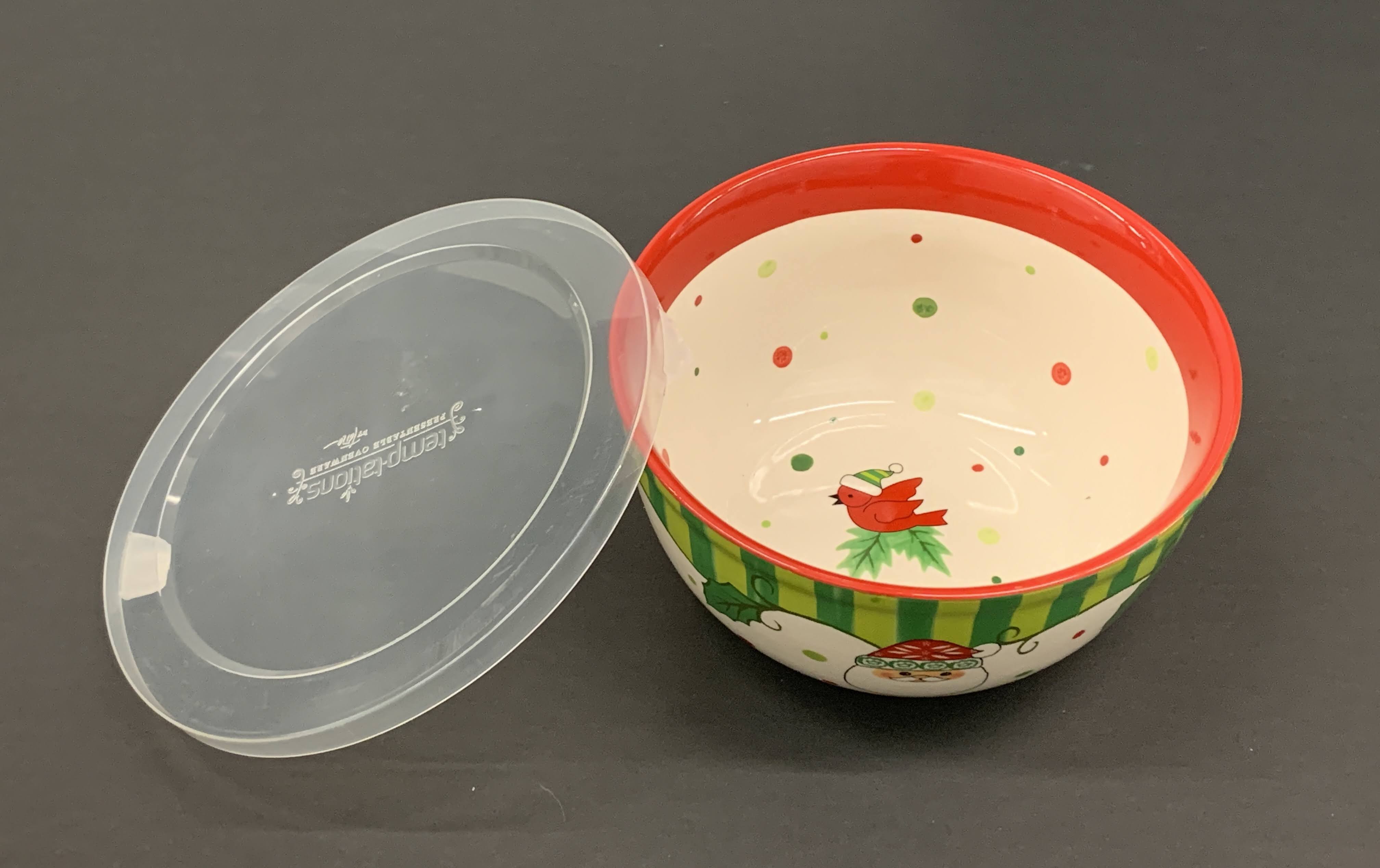 Holiday Santa Pattern - Ceramic Porcelain Cookie Bowl With Plastic Lid 8"