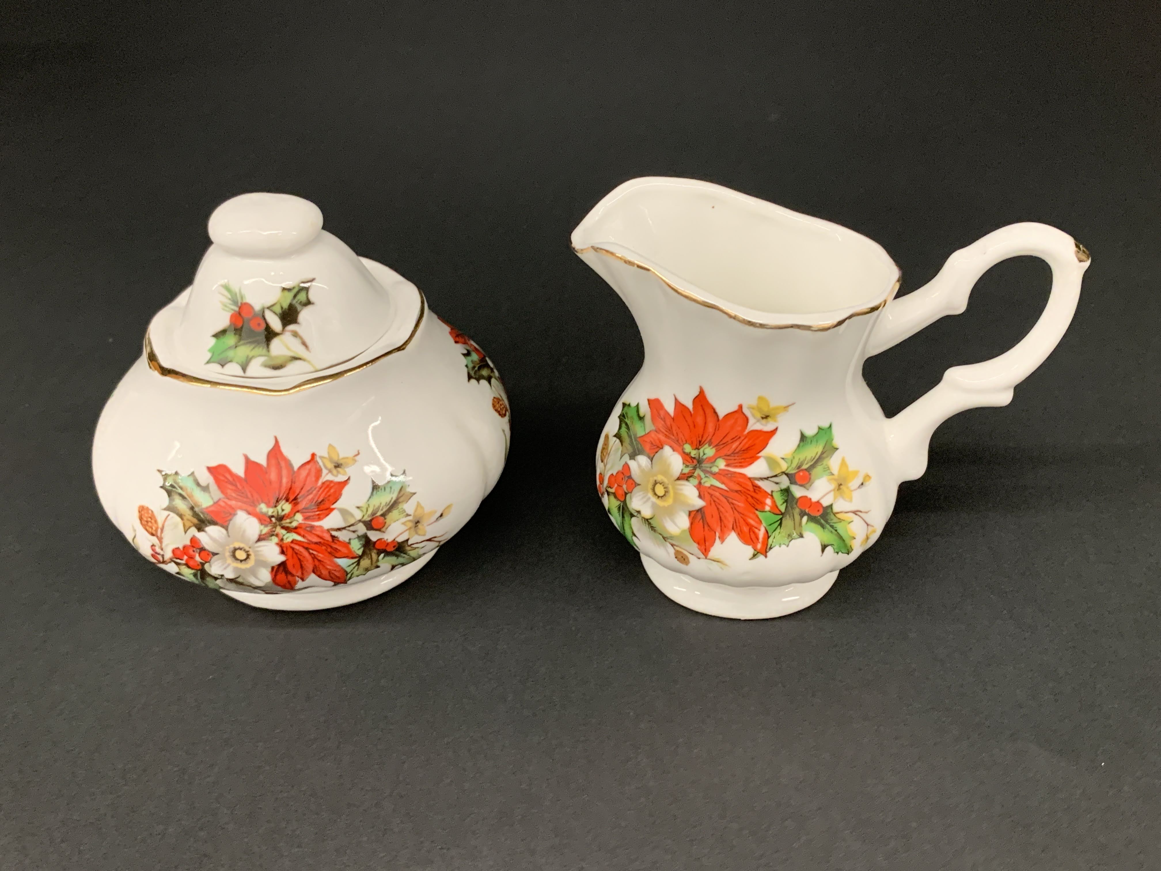 Holiday Holly Pattern - Mid Century Gold Trim Porcelain Fine China - Sugar Bowl And Creamer