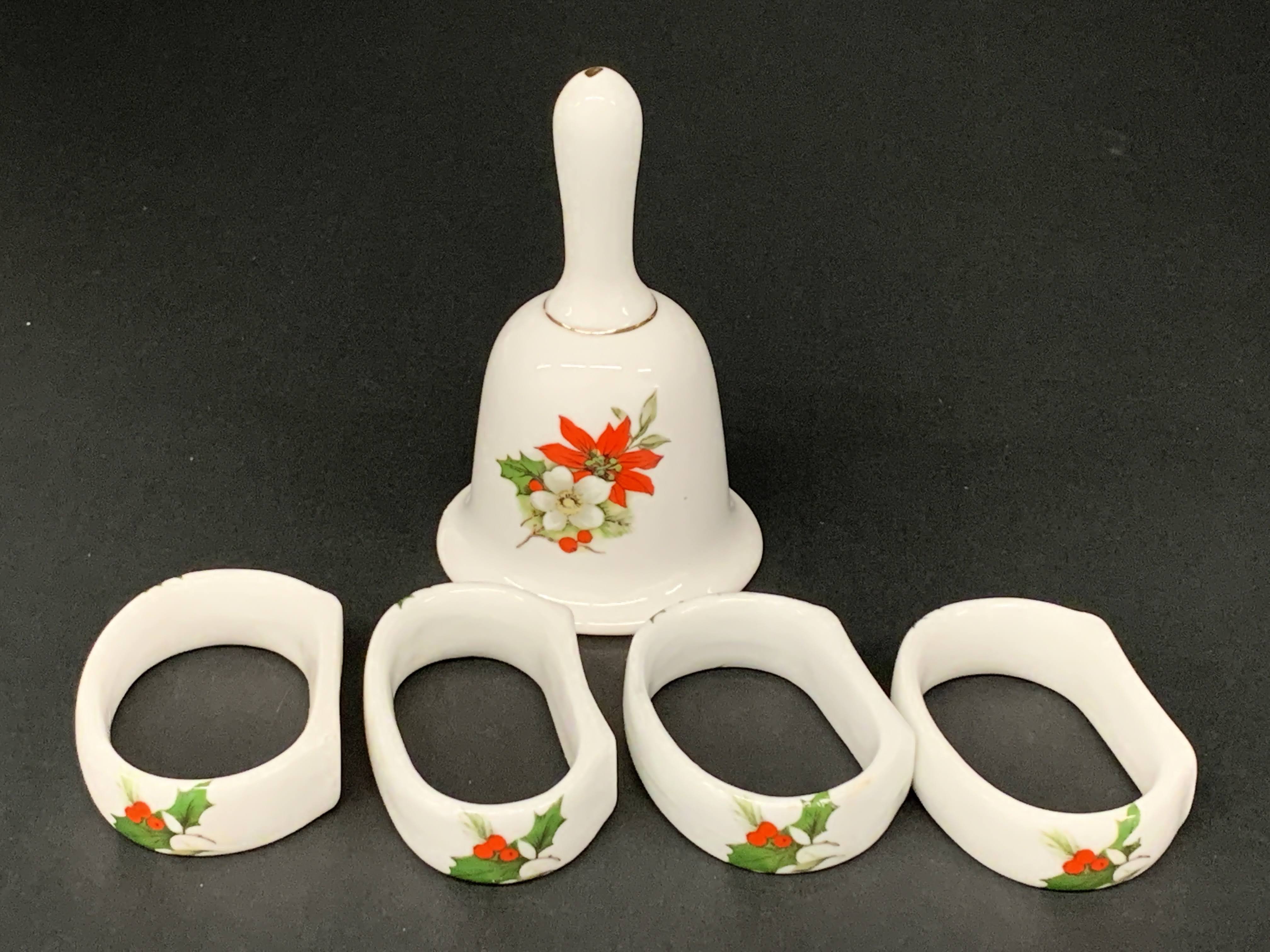 Holiday Holly Pattern - Mid Century Gold Trim Porcelain Fine China - Bell And Napkin Holders-5 Piece Set