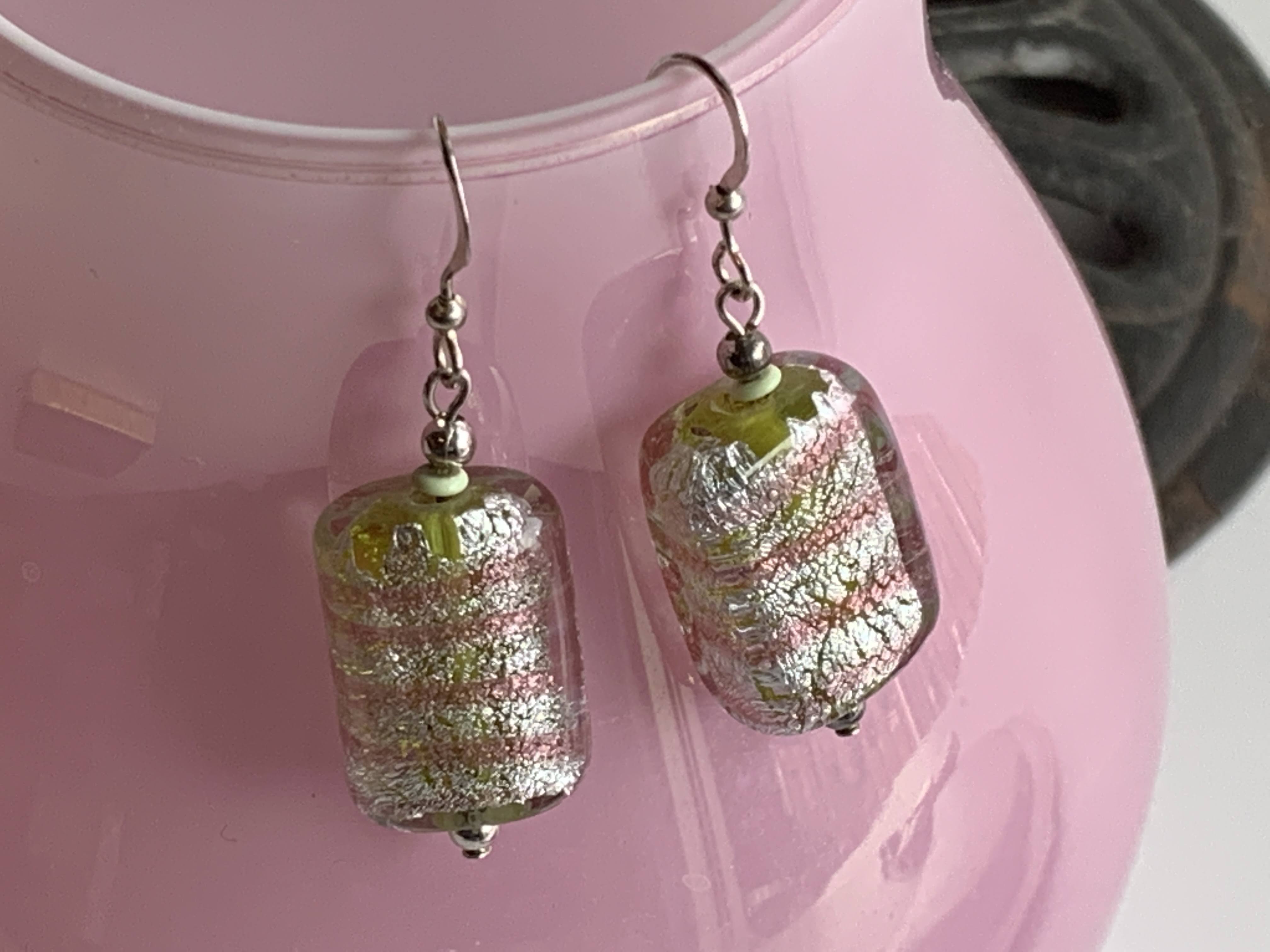 Green Sparkly Silver Glass Bead Earring - Pink Bands