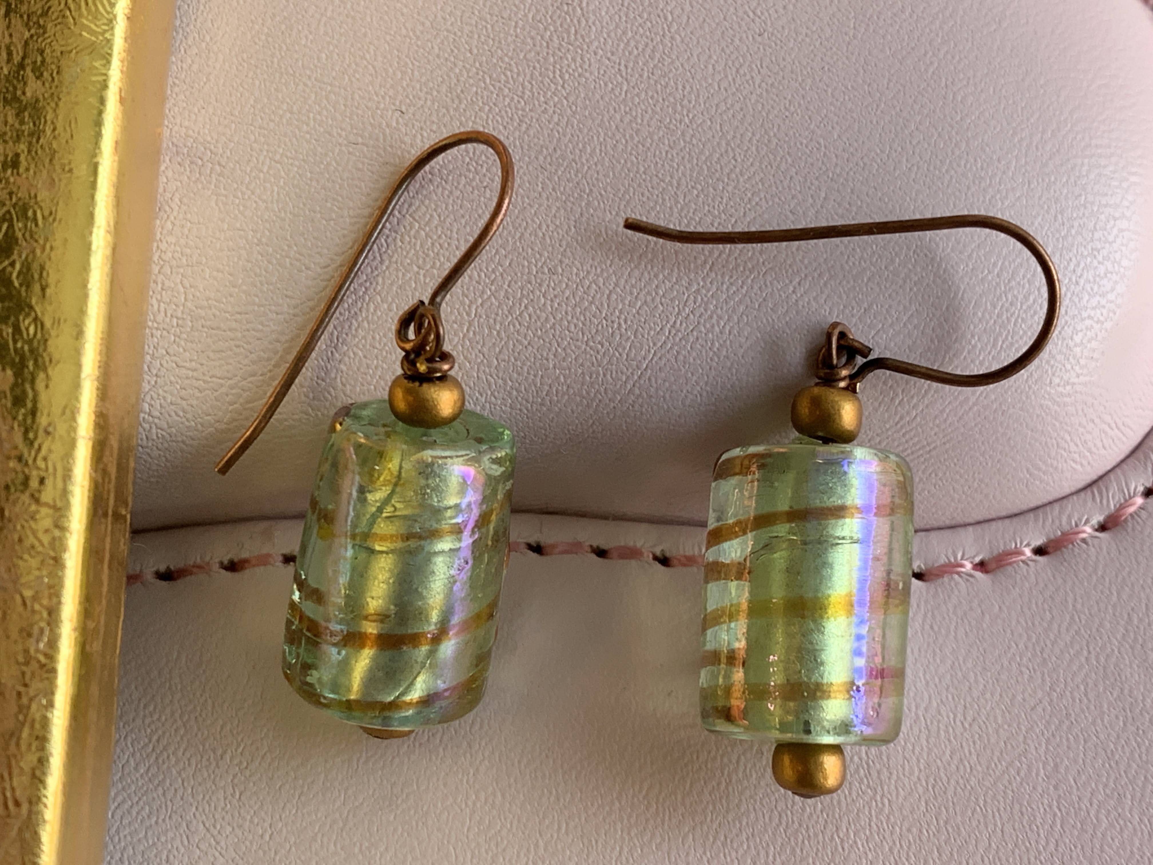 Green Shiny Glass Bead Earrings - Brown Bands